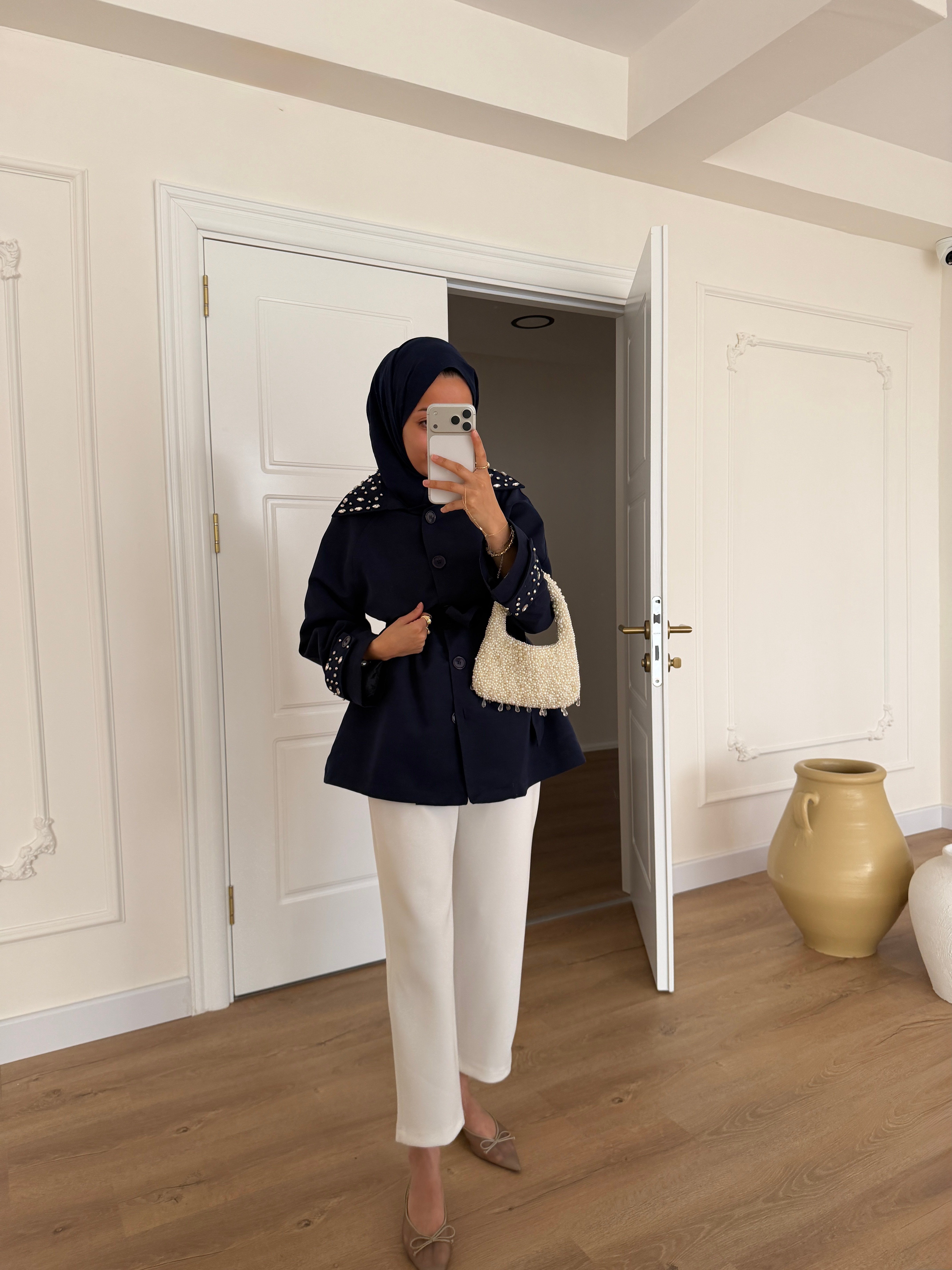 Taşlı Premium Trençkot - Lacivert 
