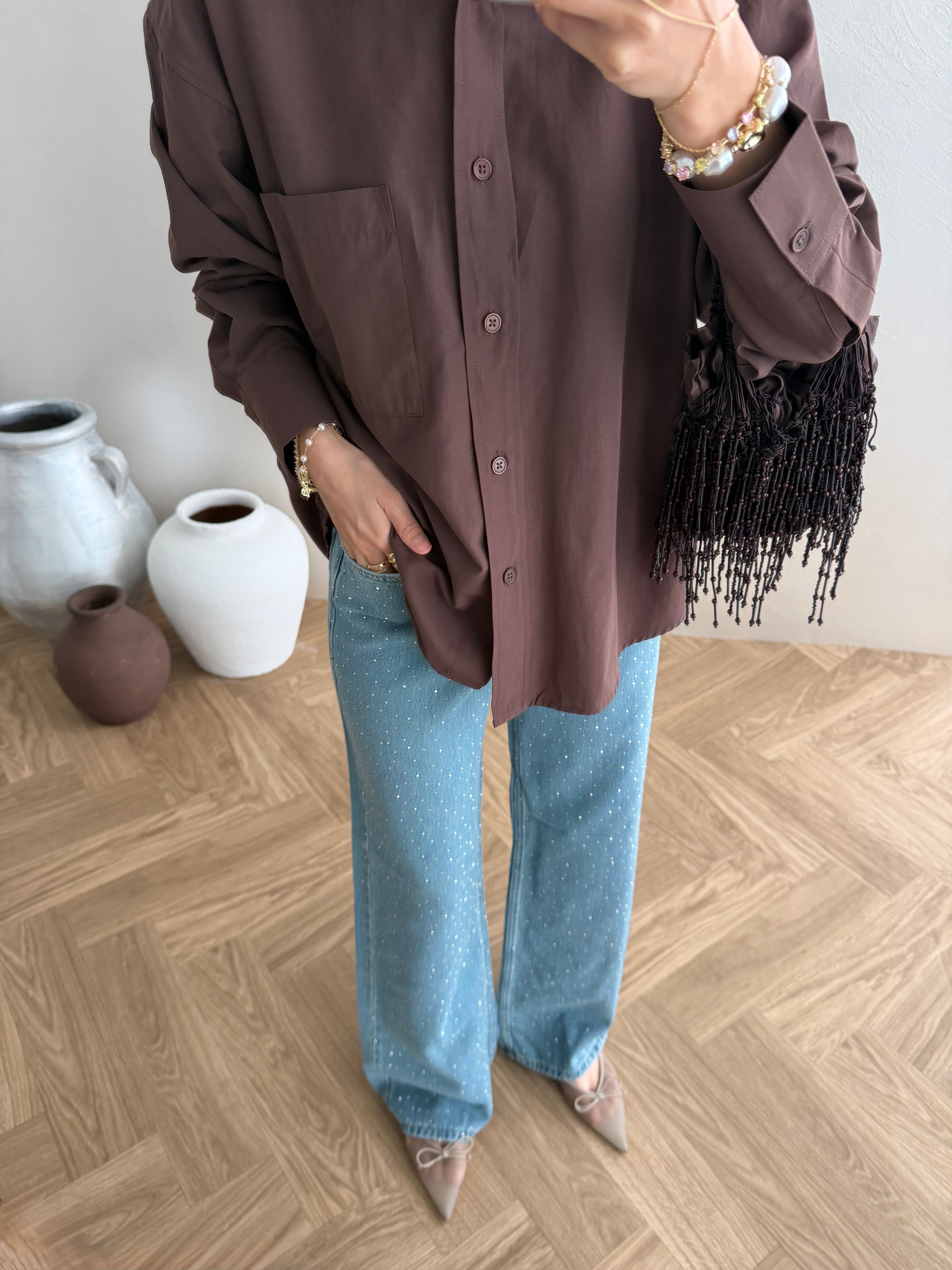 Taşlı Yüksek Bel Jean - Mavi