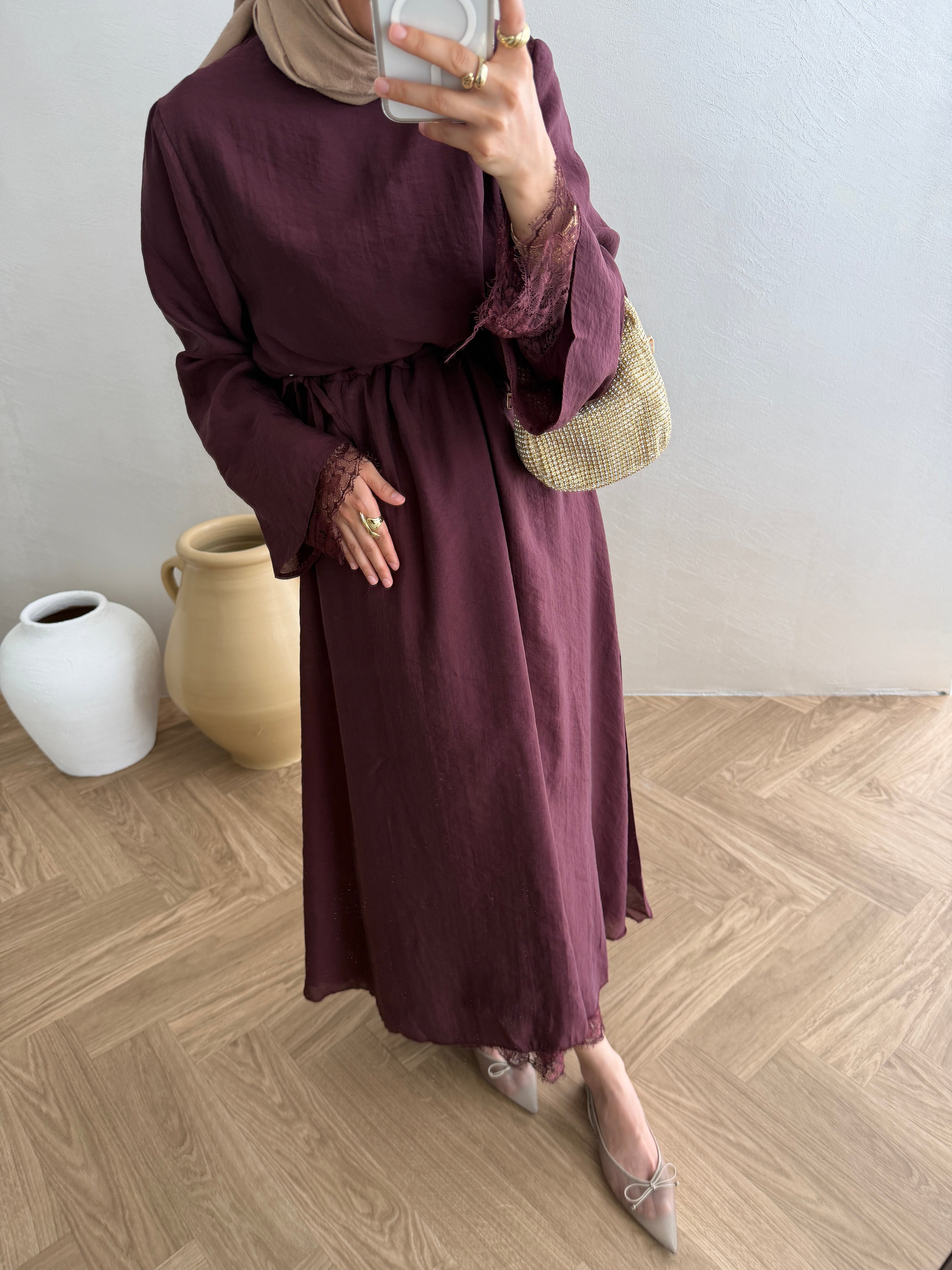 Tensel Dantelli Elbise - Bordo