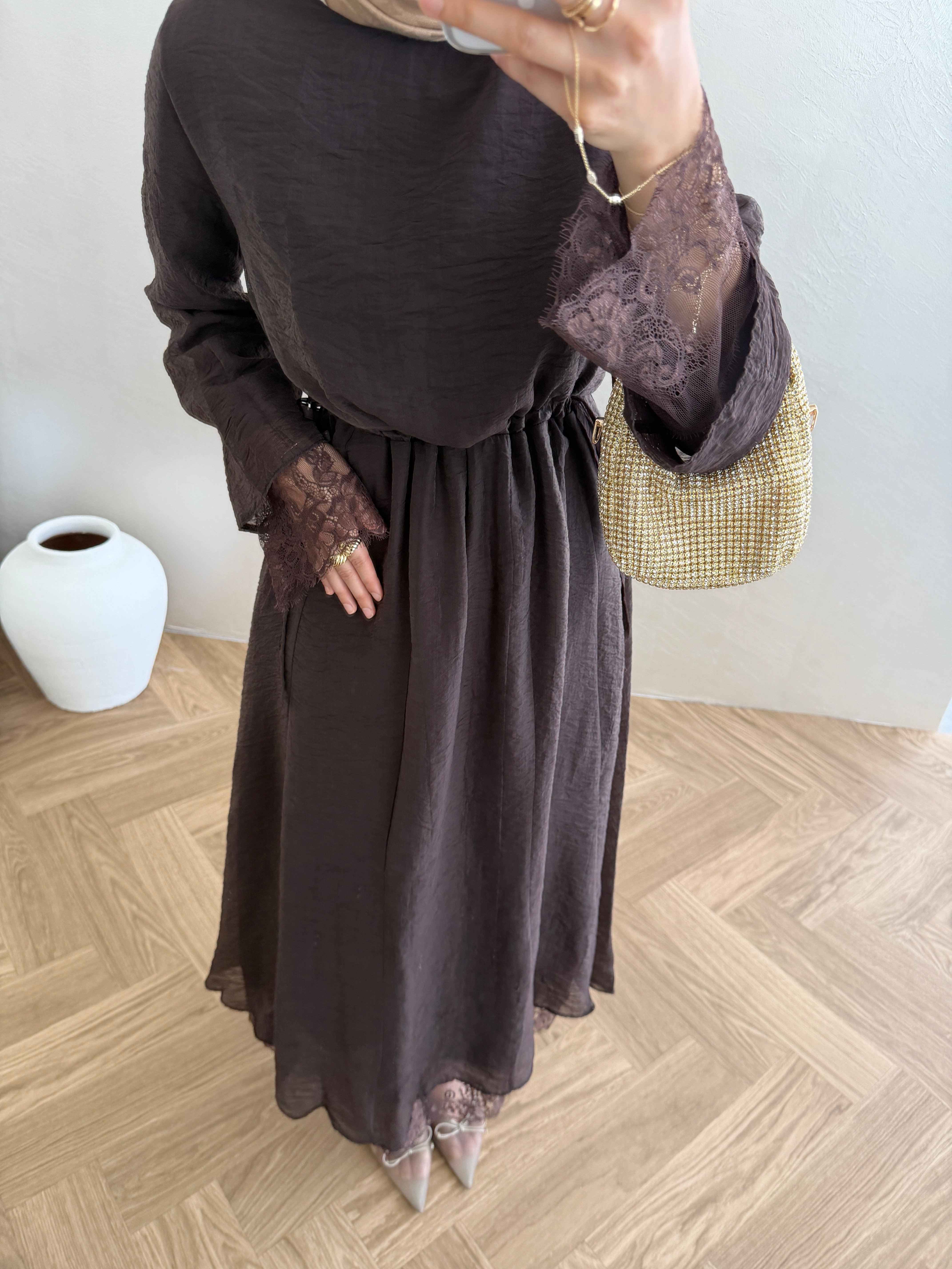 Tensel Dantelli Elbise - Kahve