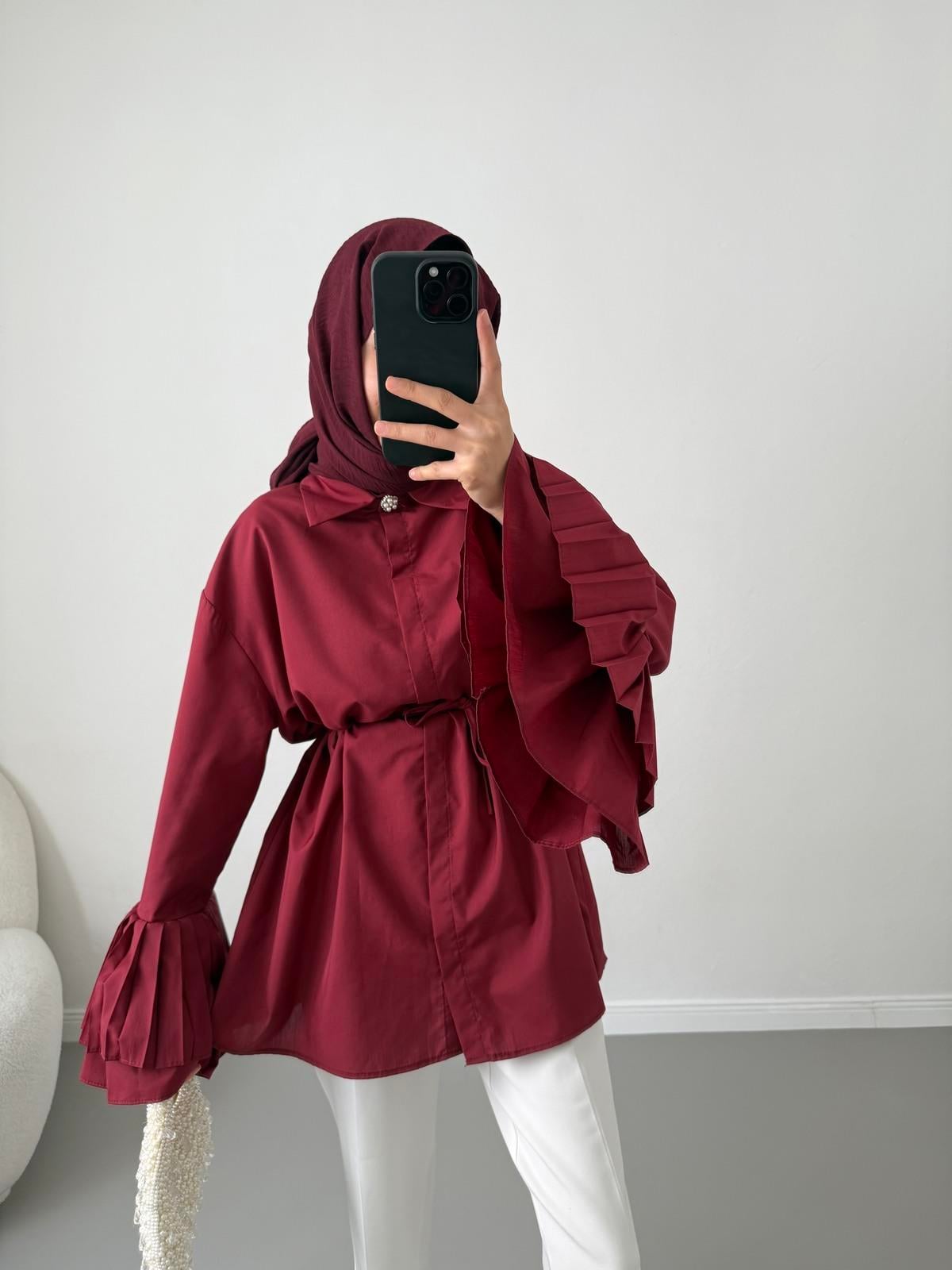 Volanlı Piliseli Gömlek - Bordo