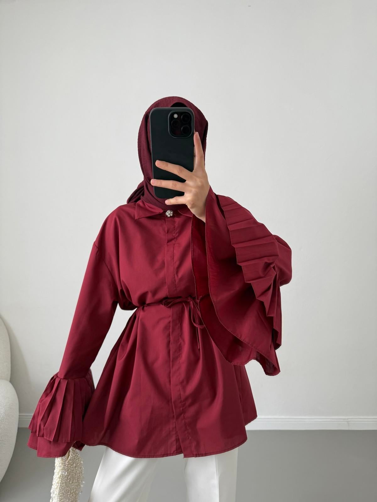 Volanlı Piliseli Gömlek - Bordo