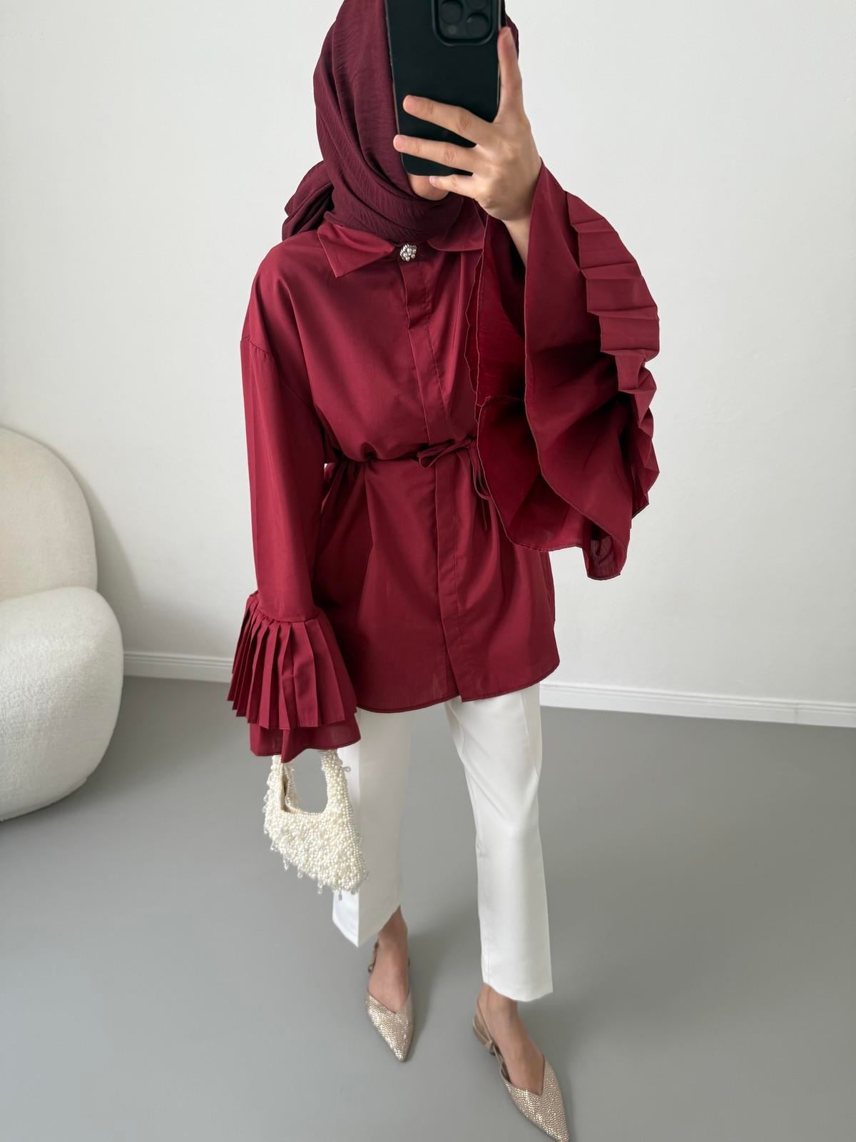 Volanlı Piliseli Gömlek - Bordo