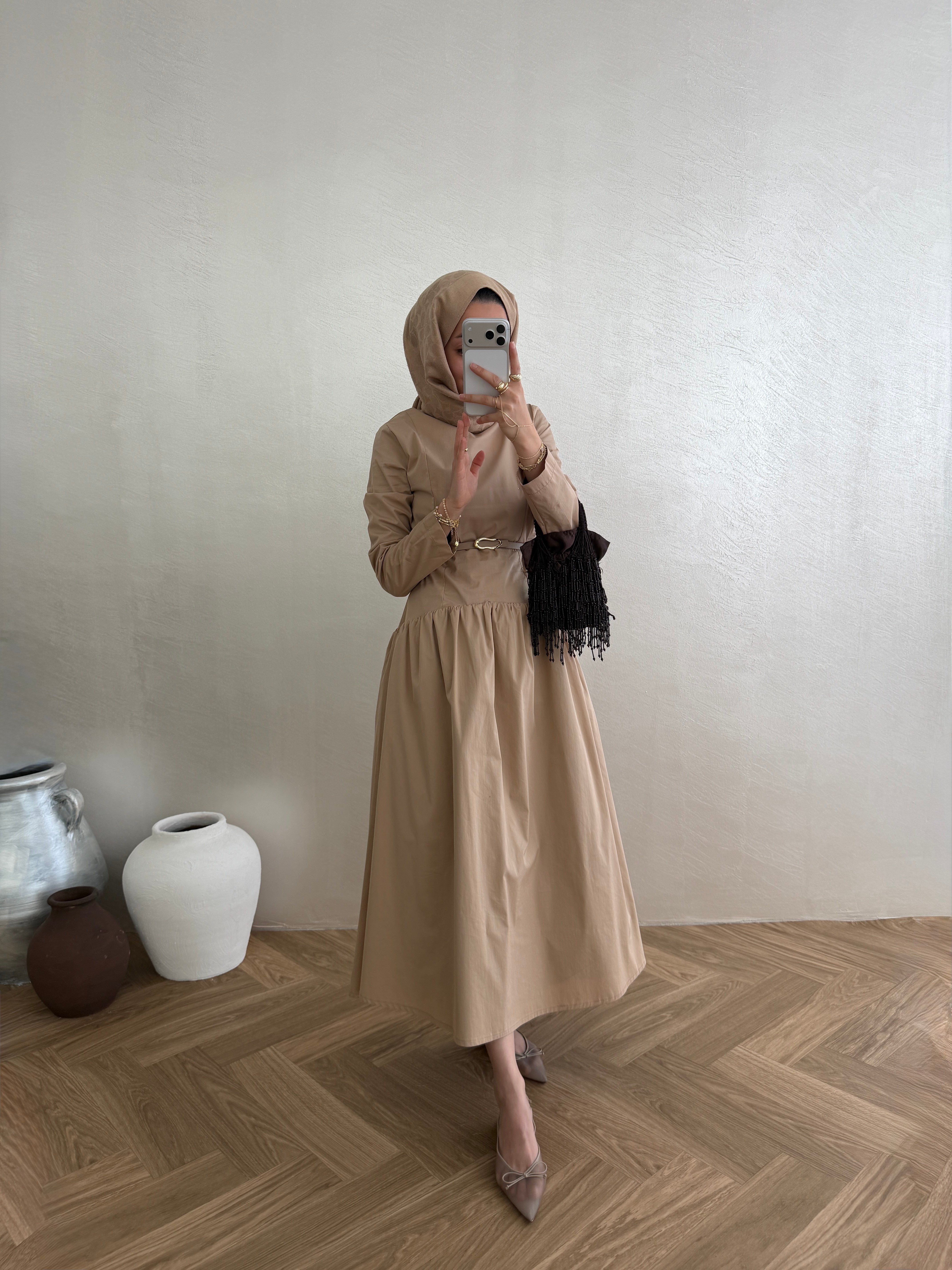 Volanlı Poplin Elbise - Camel