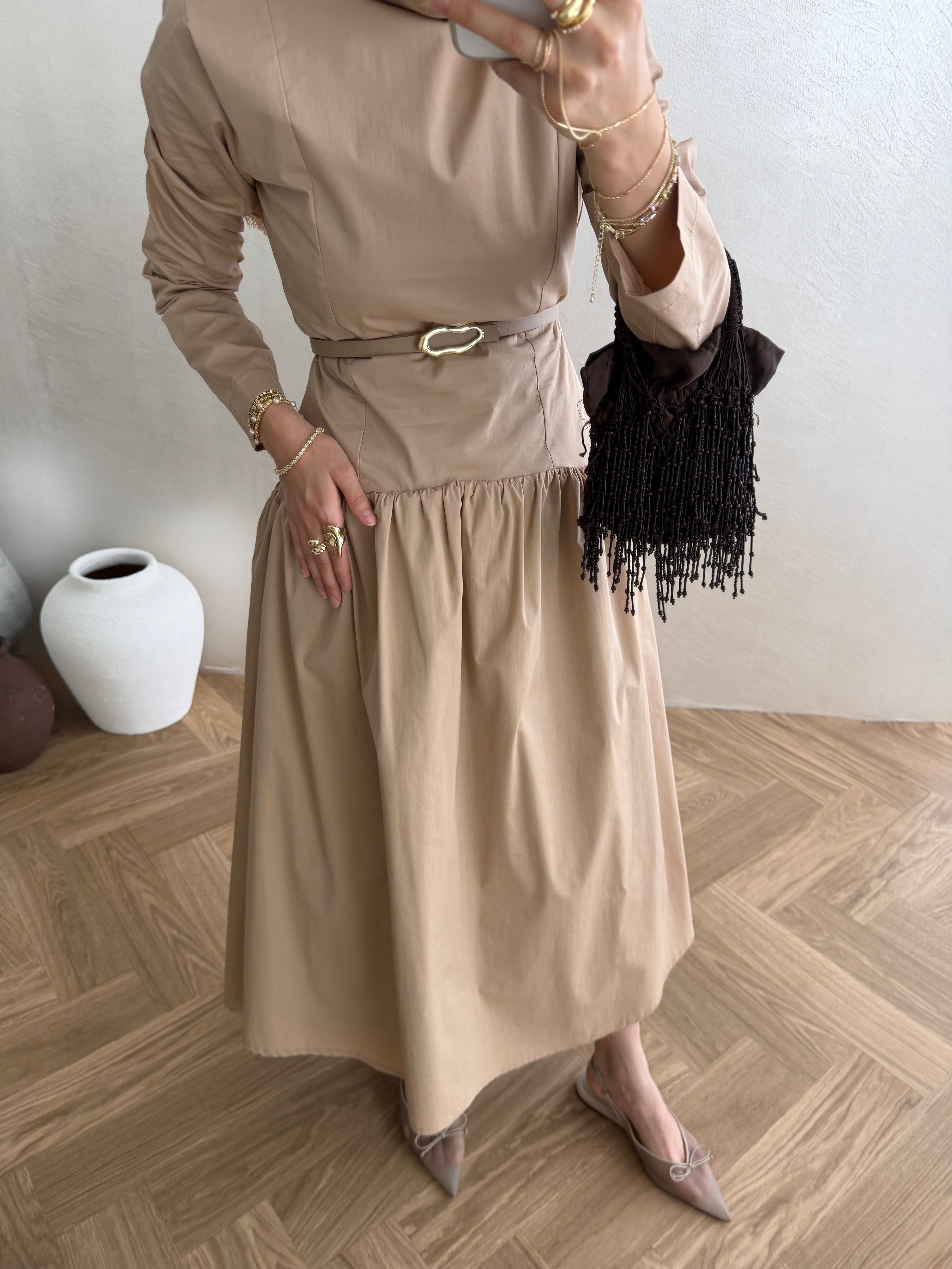 Volanlı Poplin Elbise - Camel