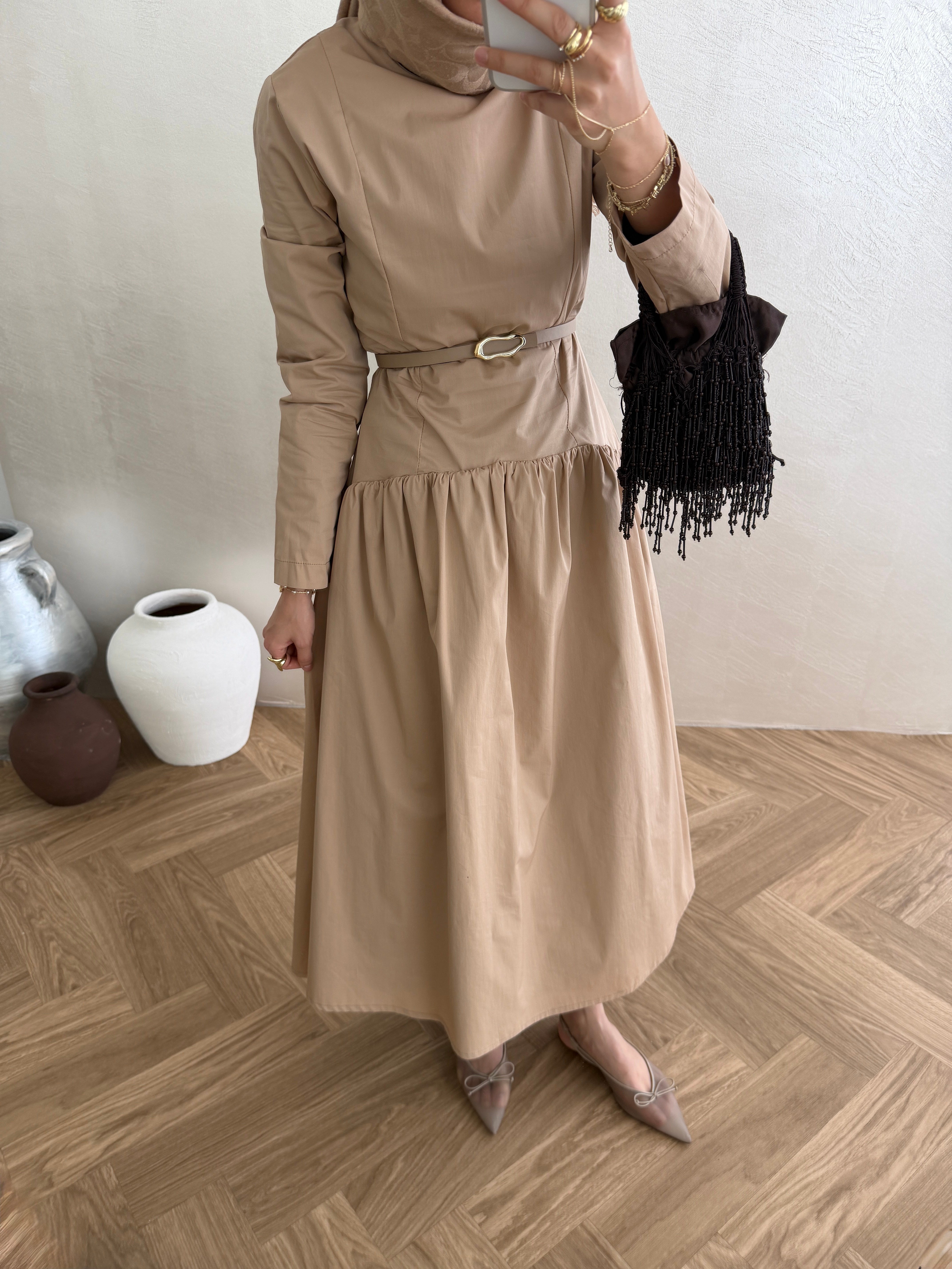 Volanlı Poplin Elbise - Camel