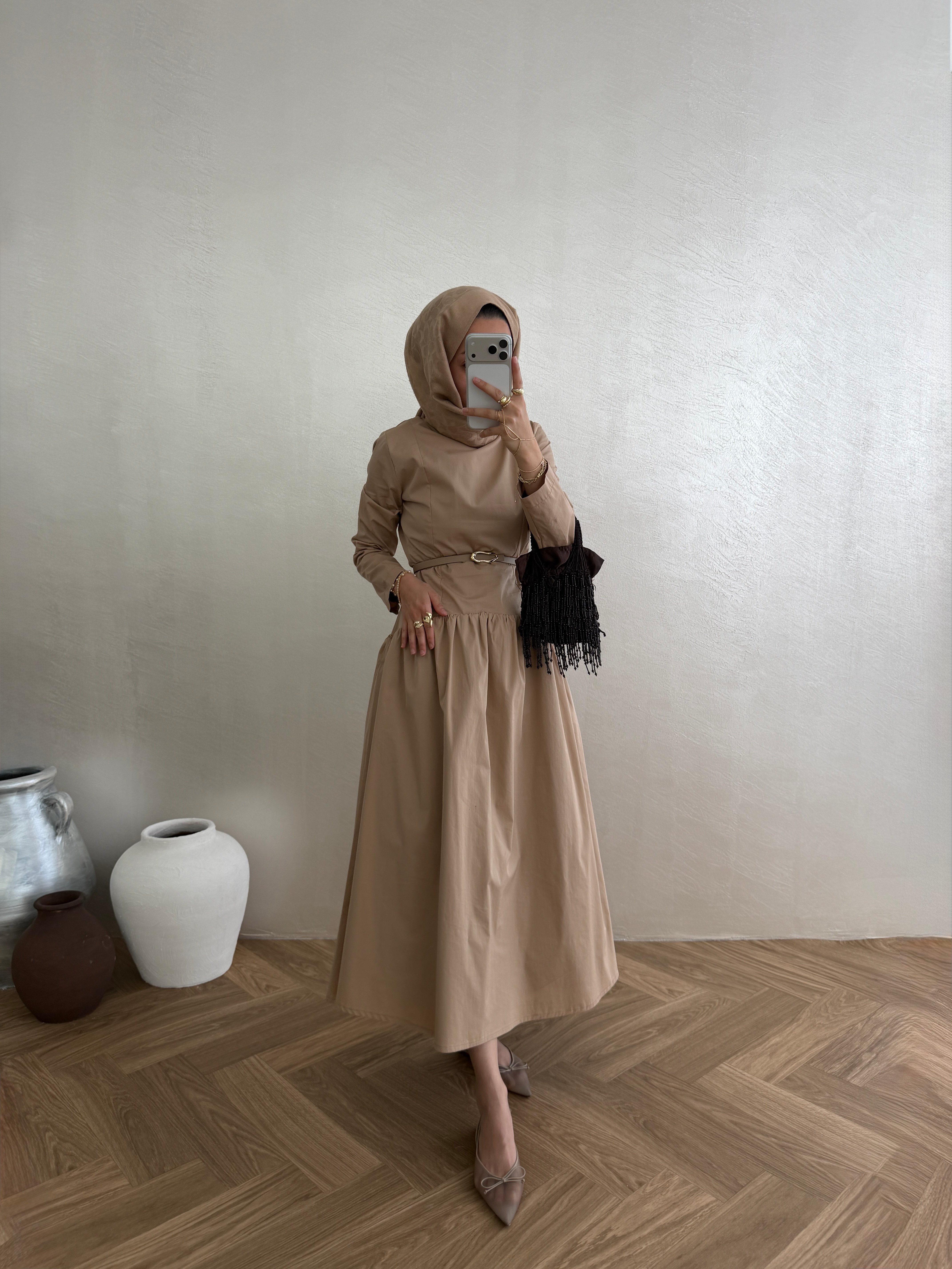 Volanlı Poplin Elbise - Camel