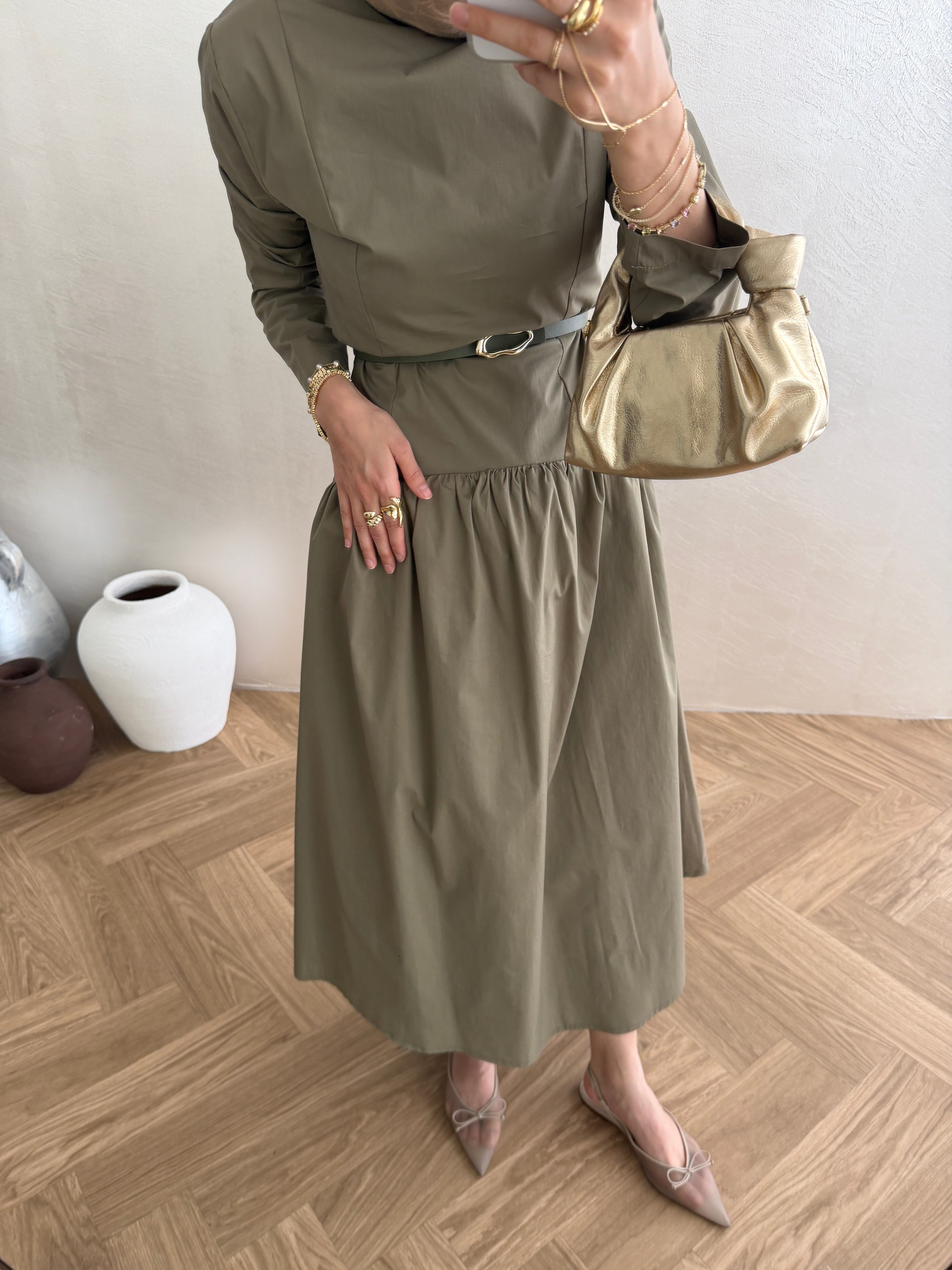 Volanlı Poplin Elbise - Haki