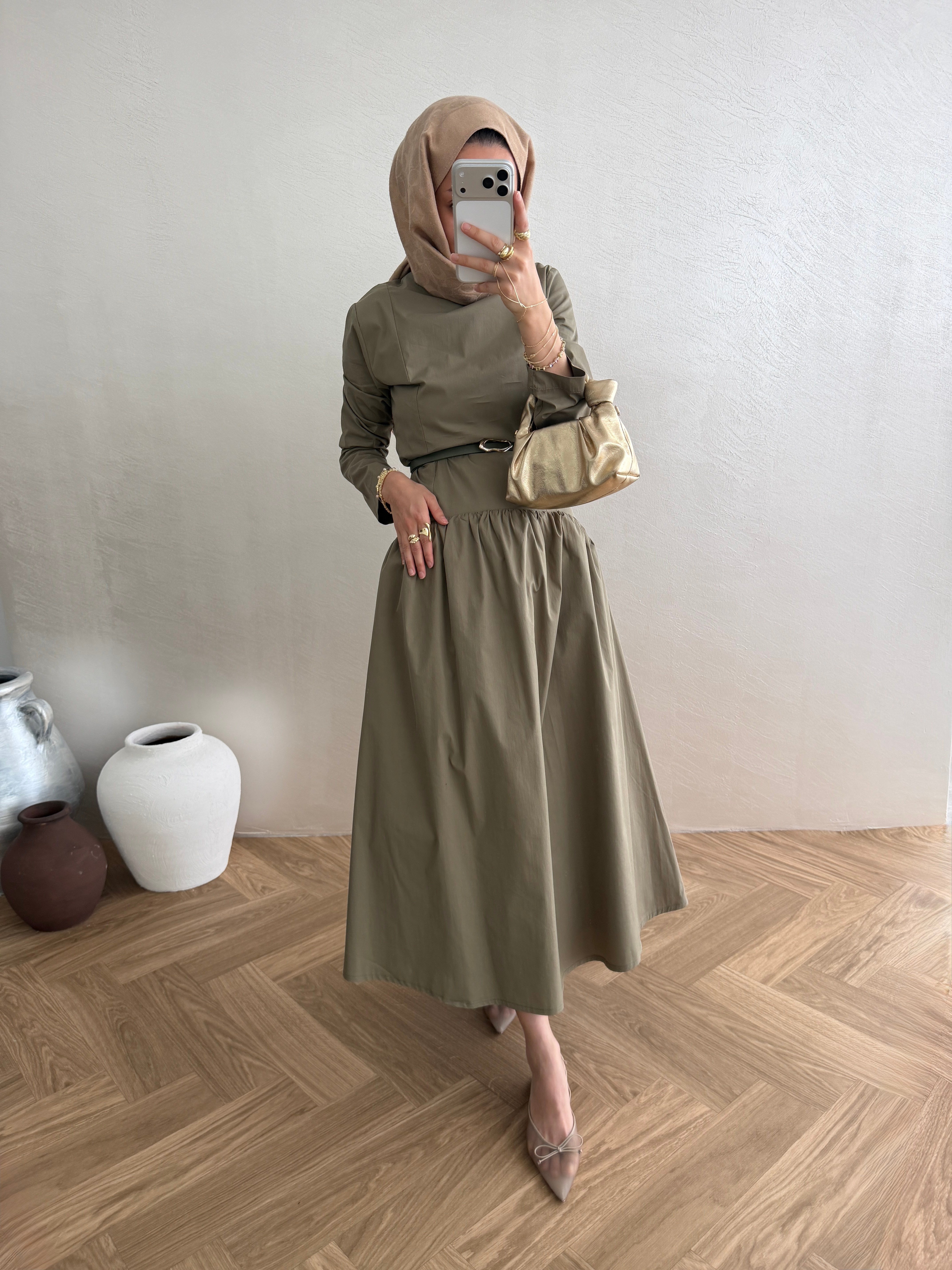 Volanlı Poplin Elbise - Haki