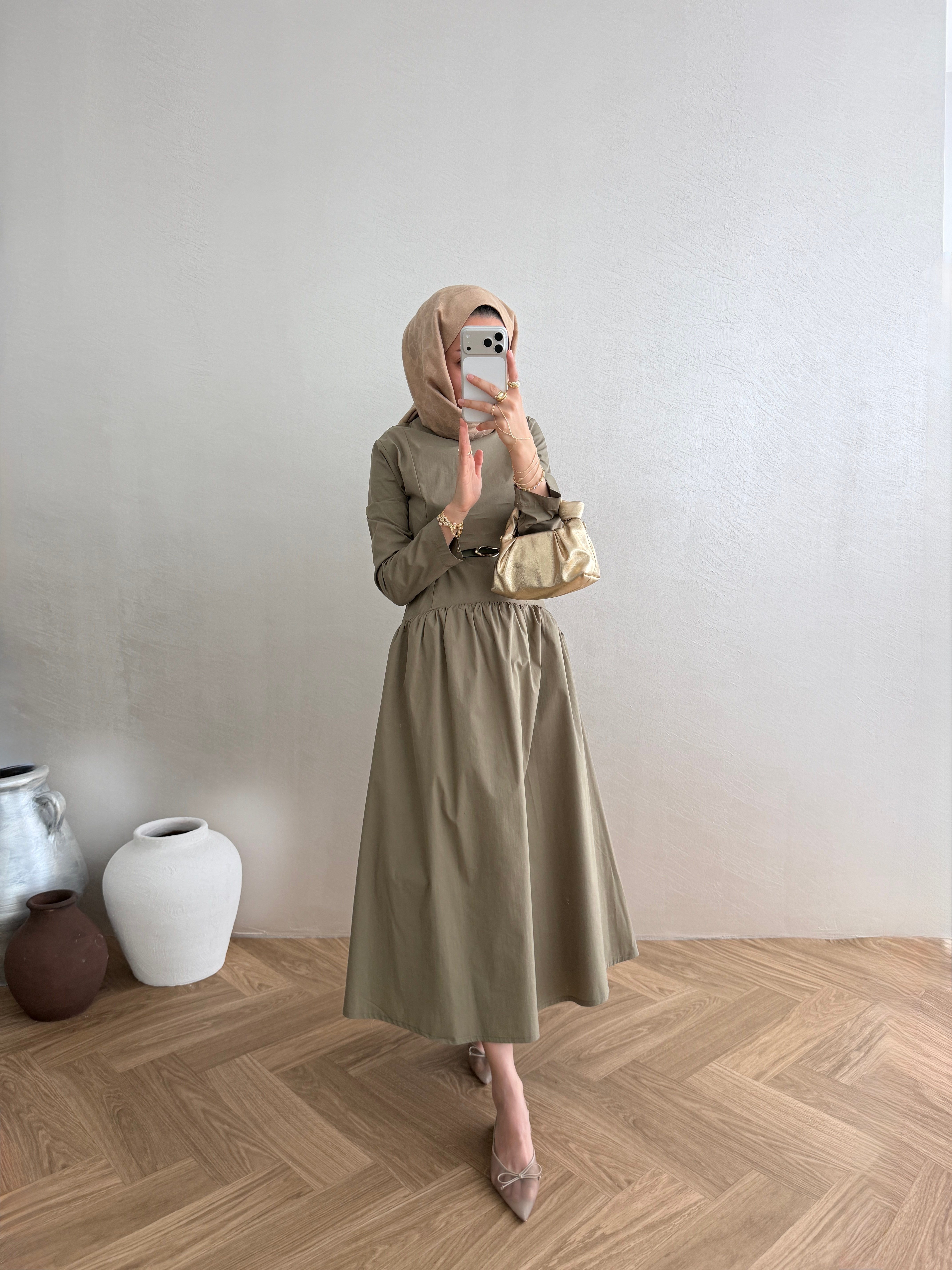 Volanlı Poplin Elbise - Haki