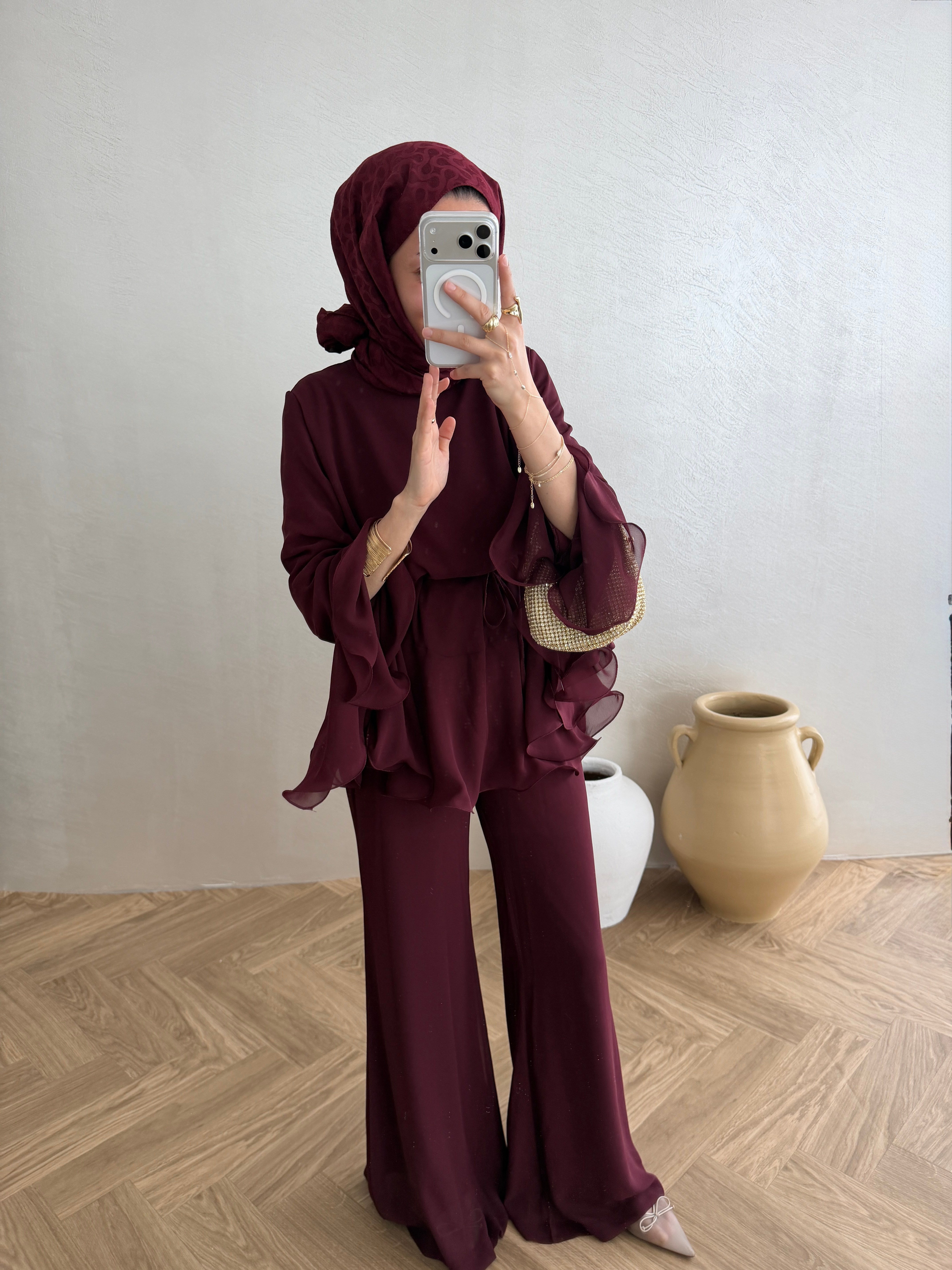 Volanlı Şifon Takım - Bordo