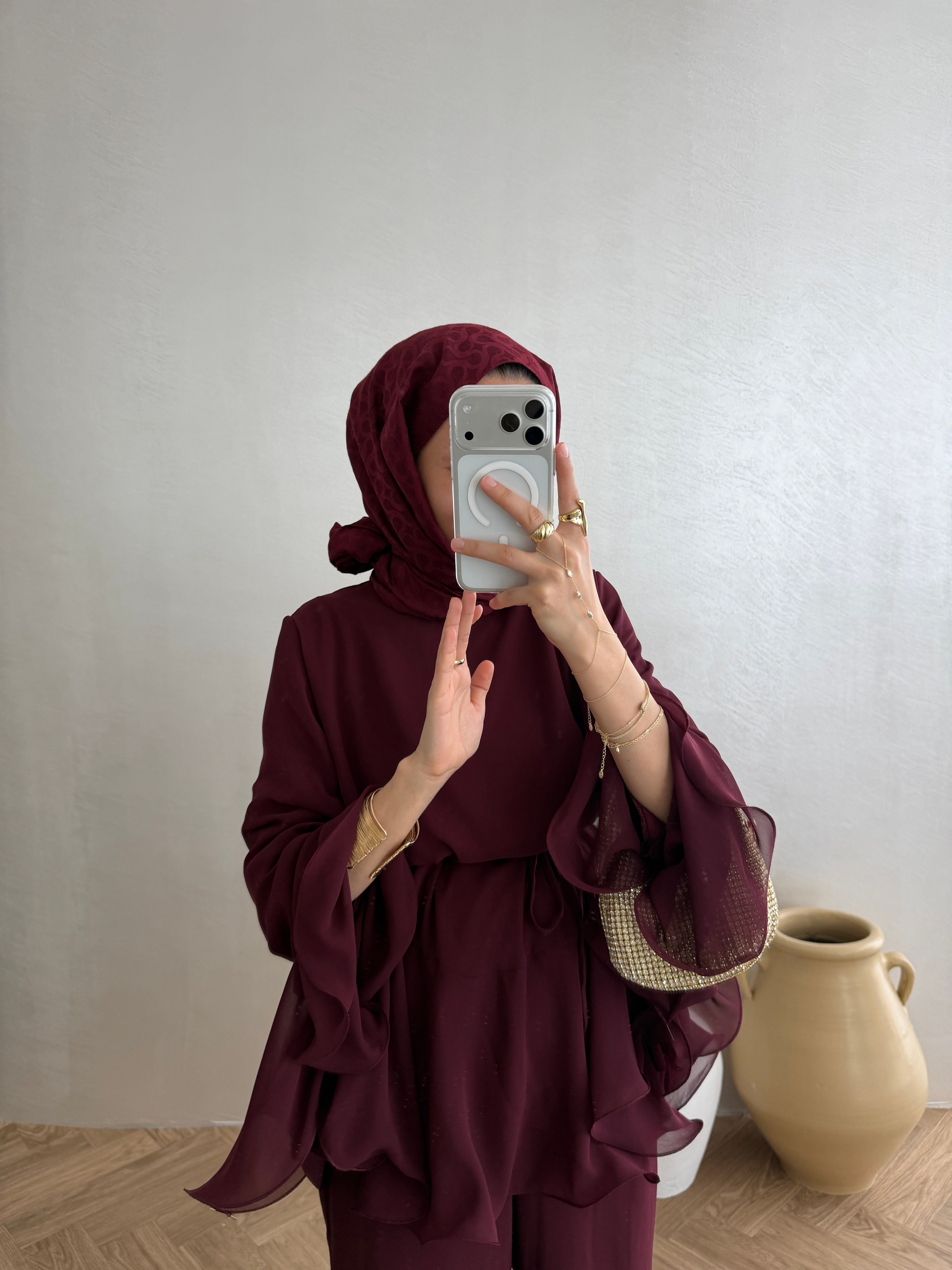 Volanlı Şifon Takım - Bordo