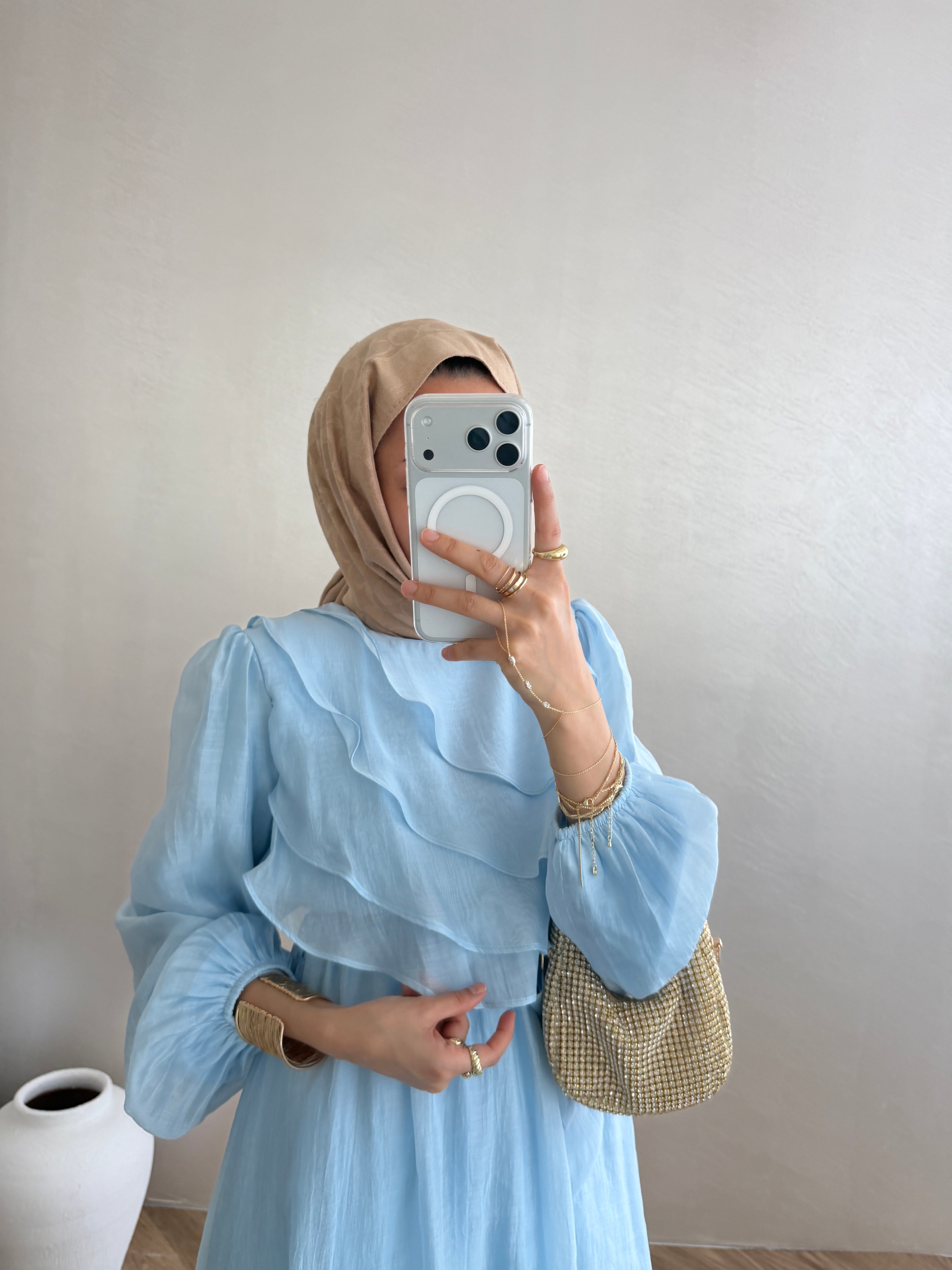 Volanlı Tensel Elbise - Mavi