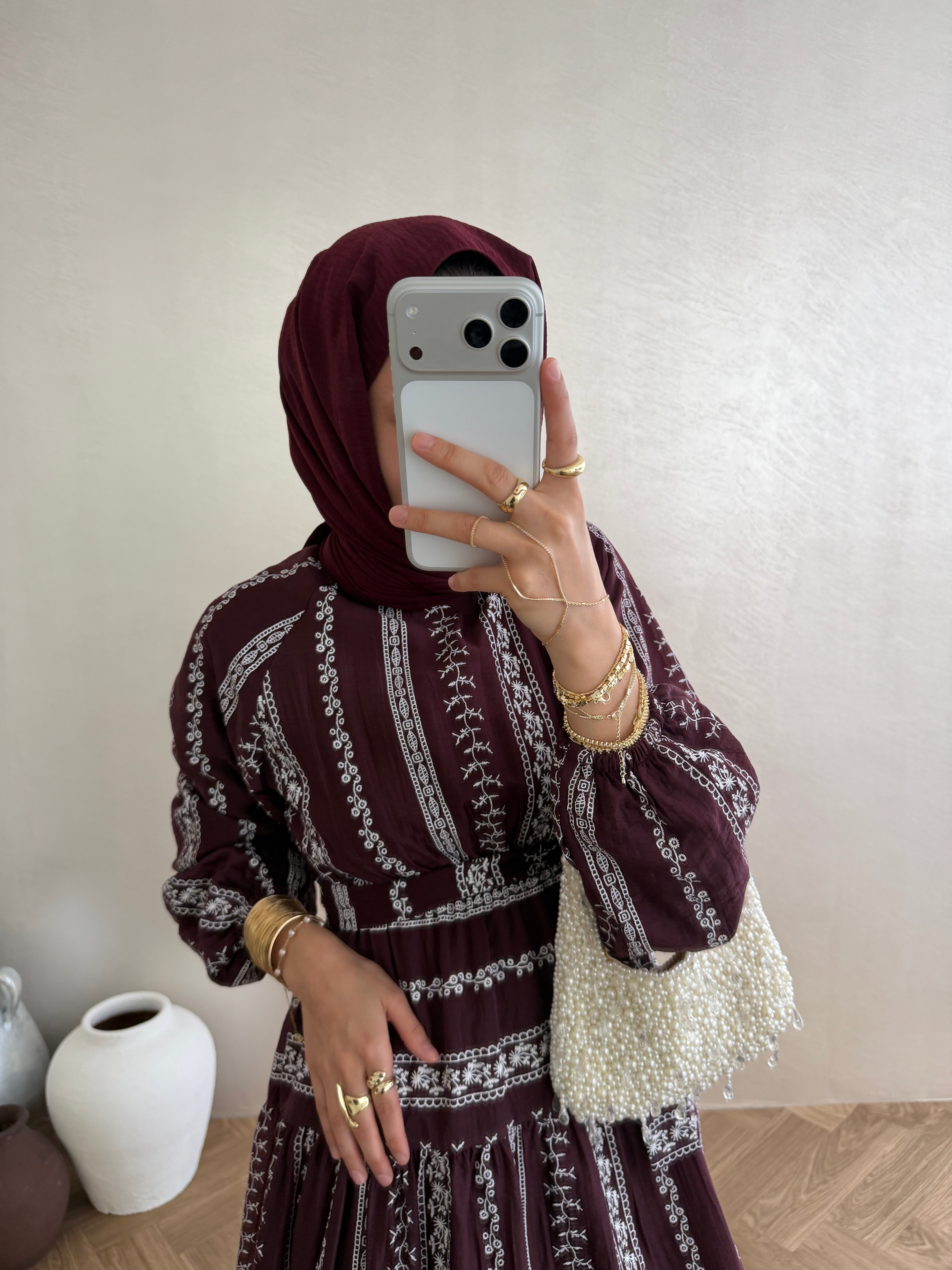 Vual Desenli Elbise - Bordo