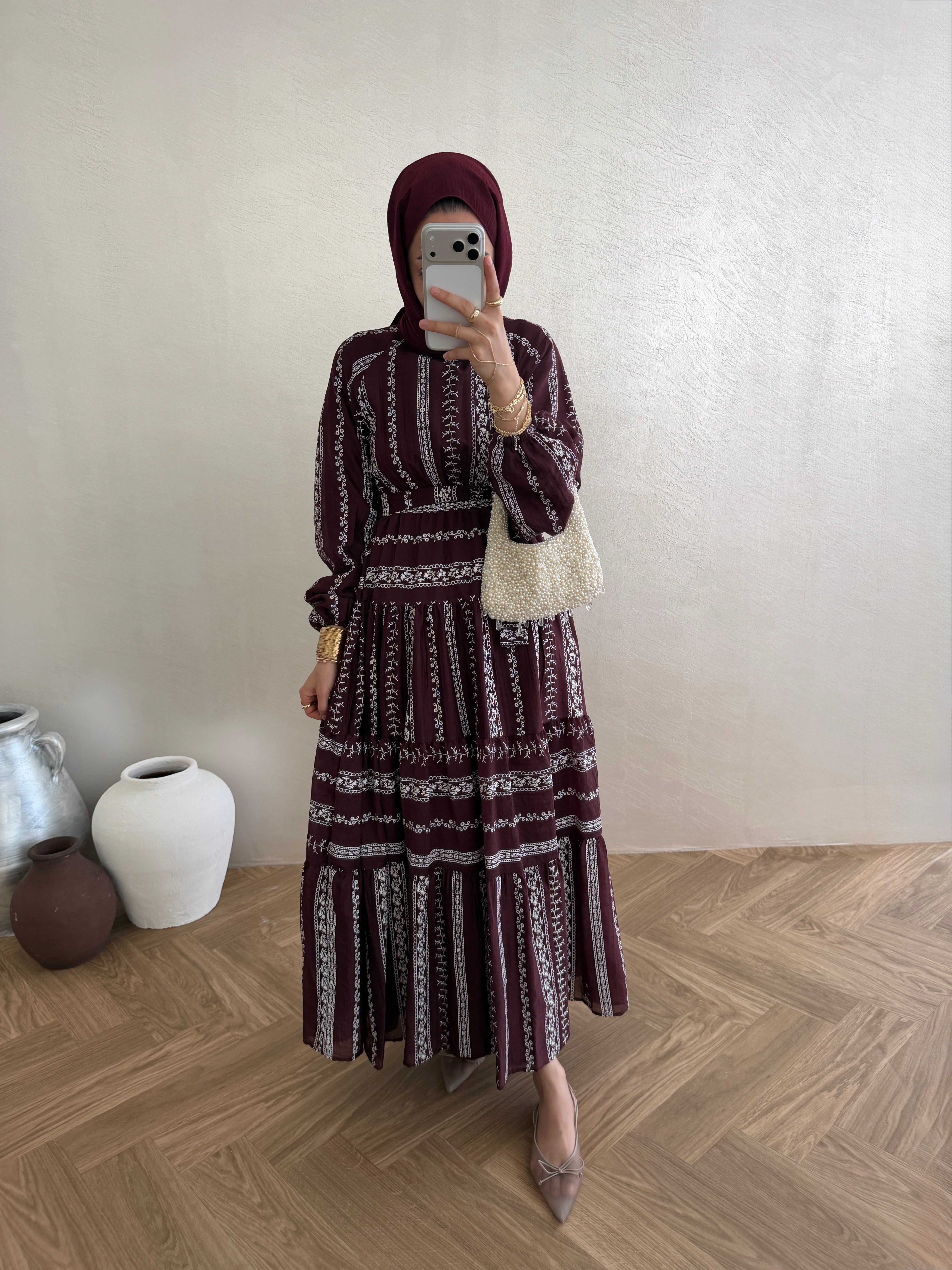 Vual Desenli Elbise - Bordo
