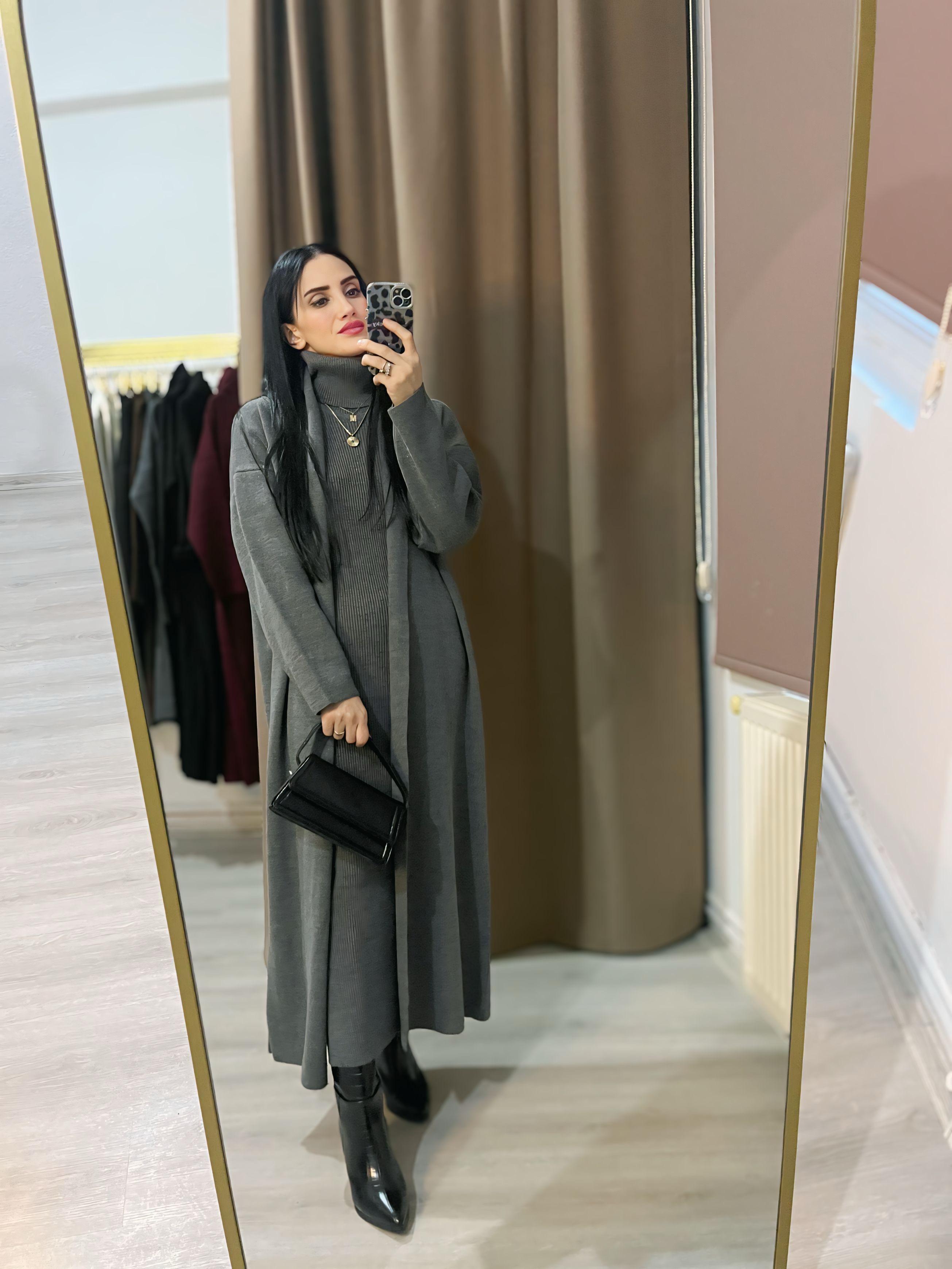 Antrasit Balıkçı Yaka Sıfır Kol Hırkalı Elbise