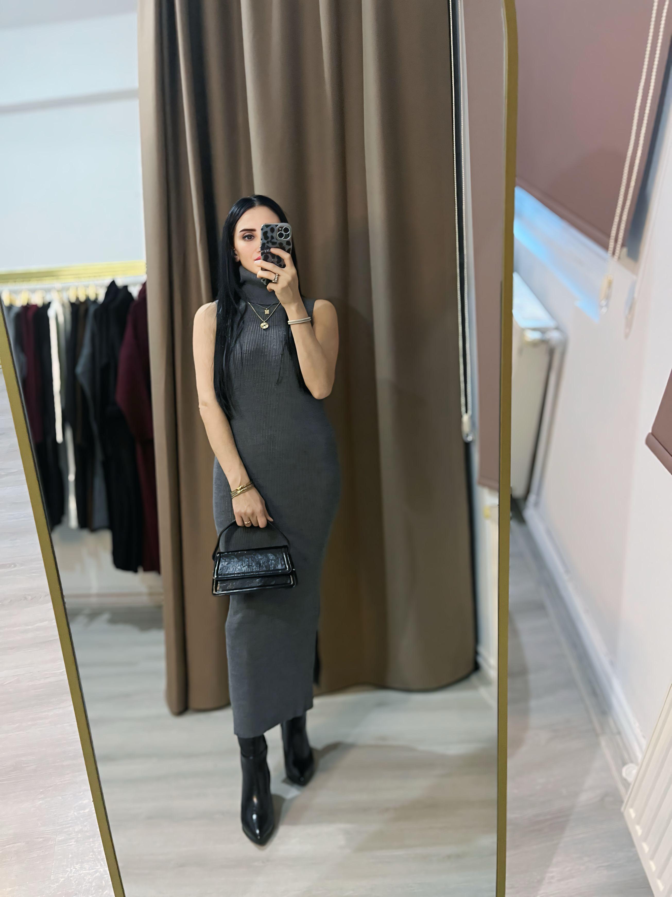 Antrasit Balıkçı Yaka Sıfır Kol Hırkalı Elbise
