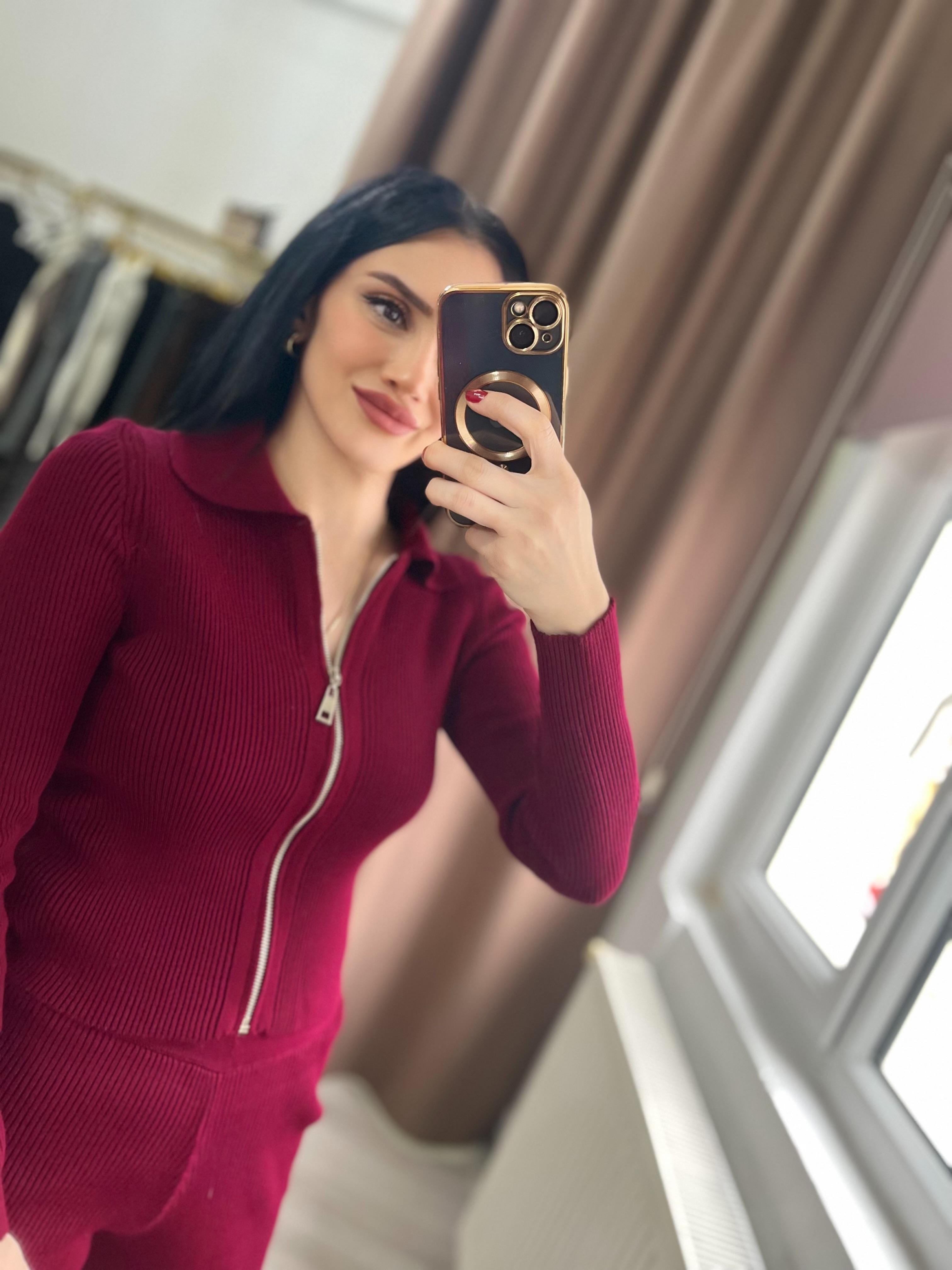 Bordo Fermuarlı Triko Takım