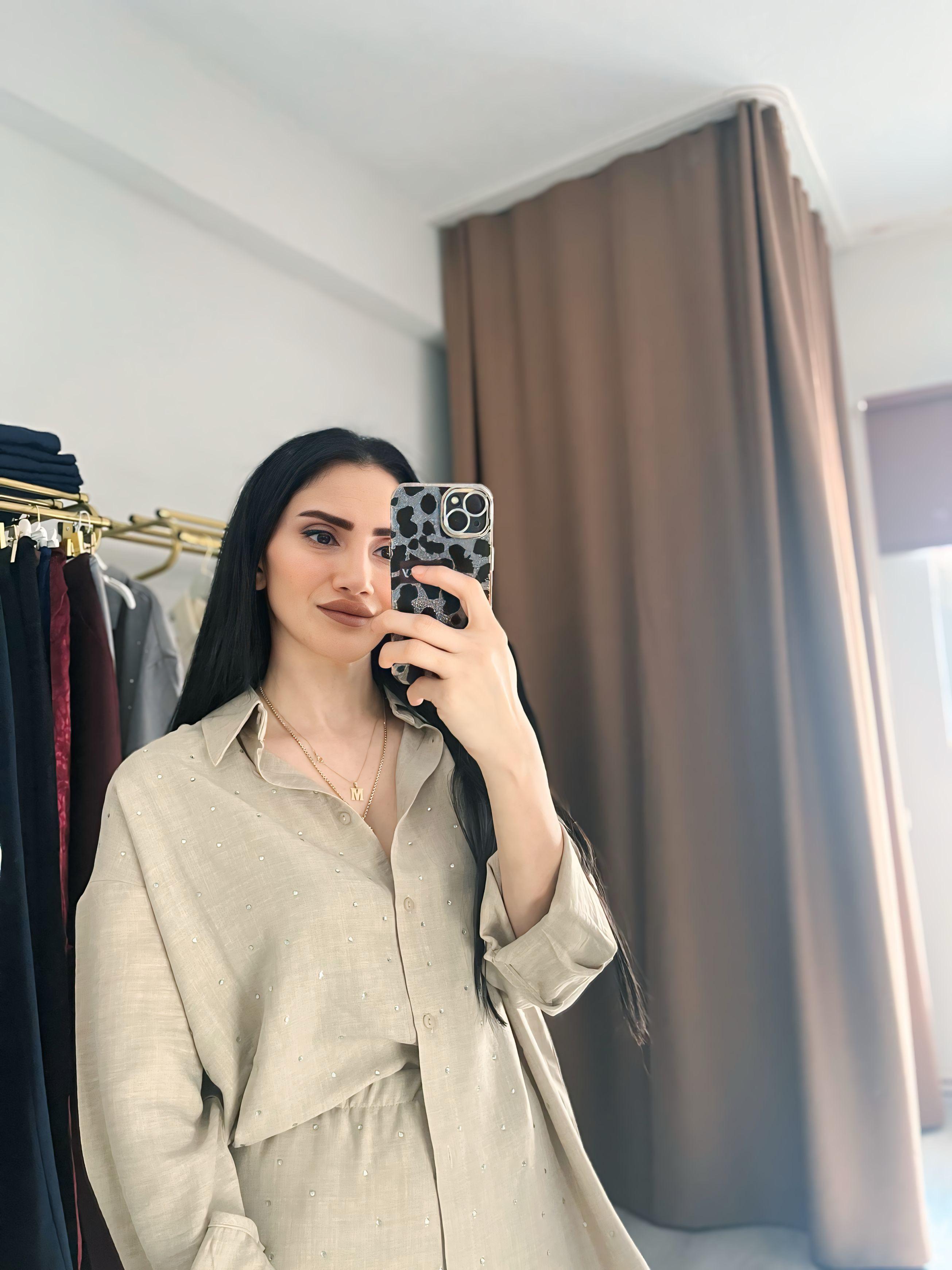 Camel Taşlı Keten Takım