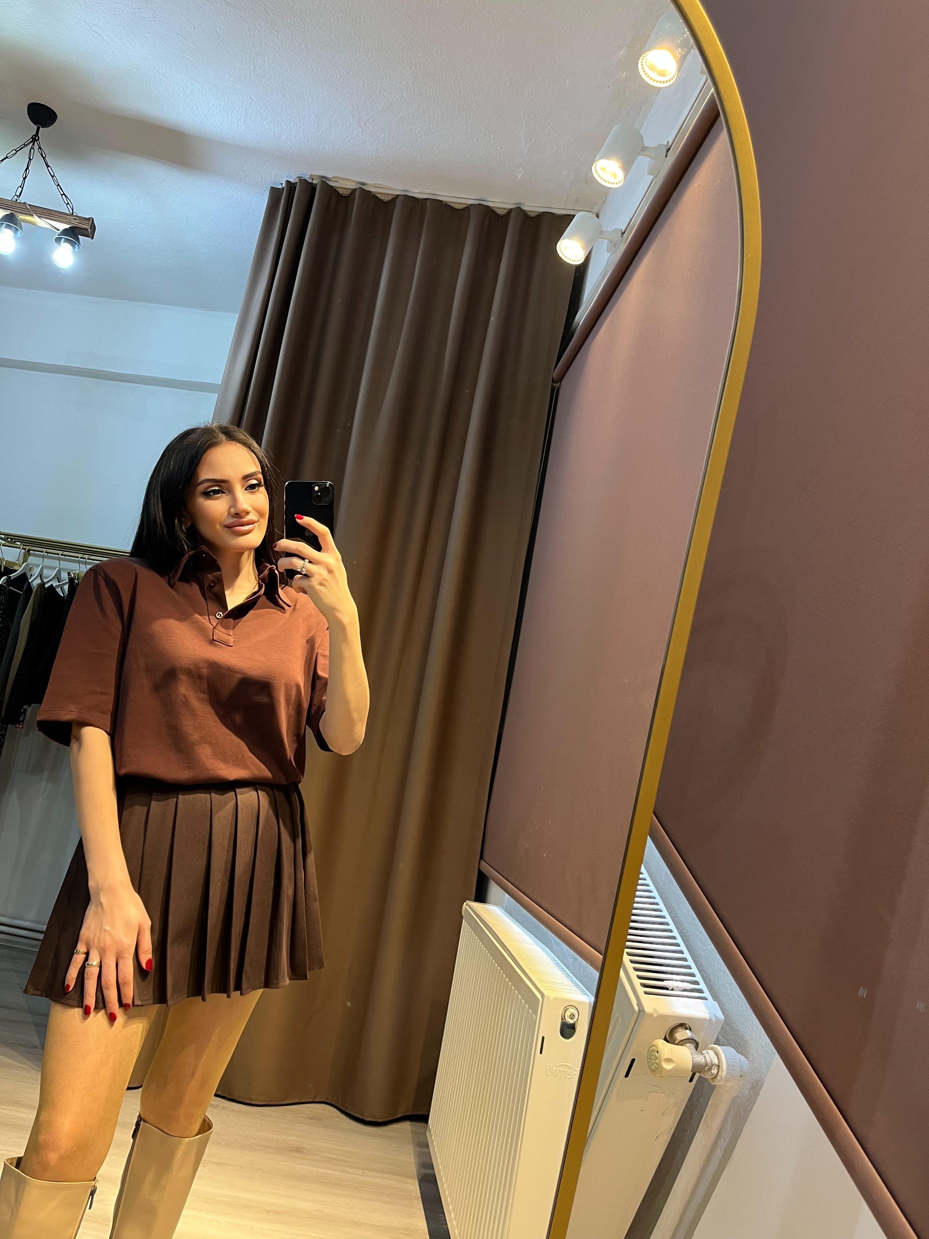 Çift Kemertli Pileli Mini Etek