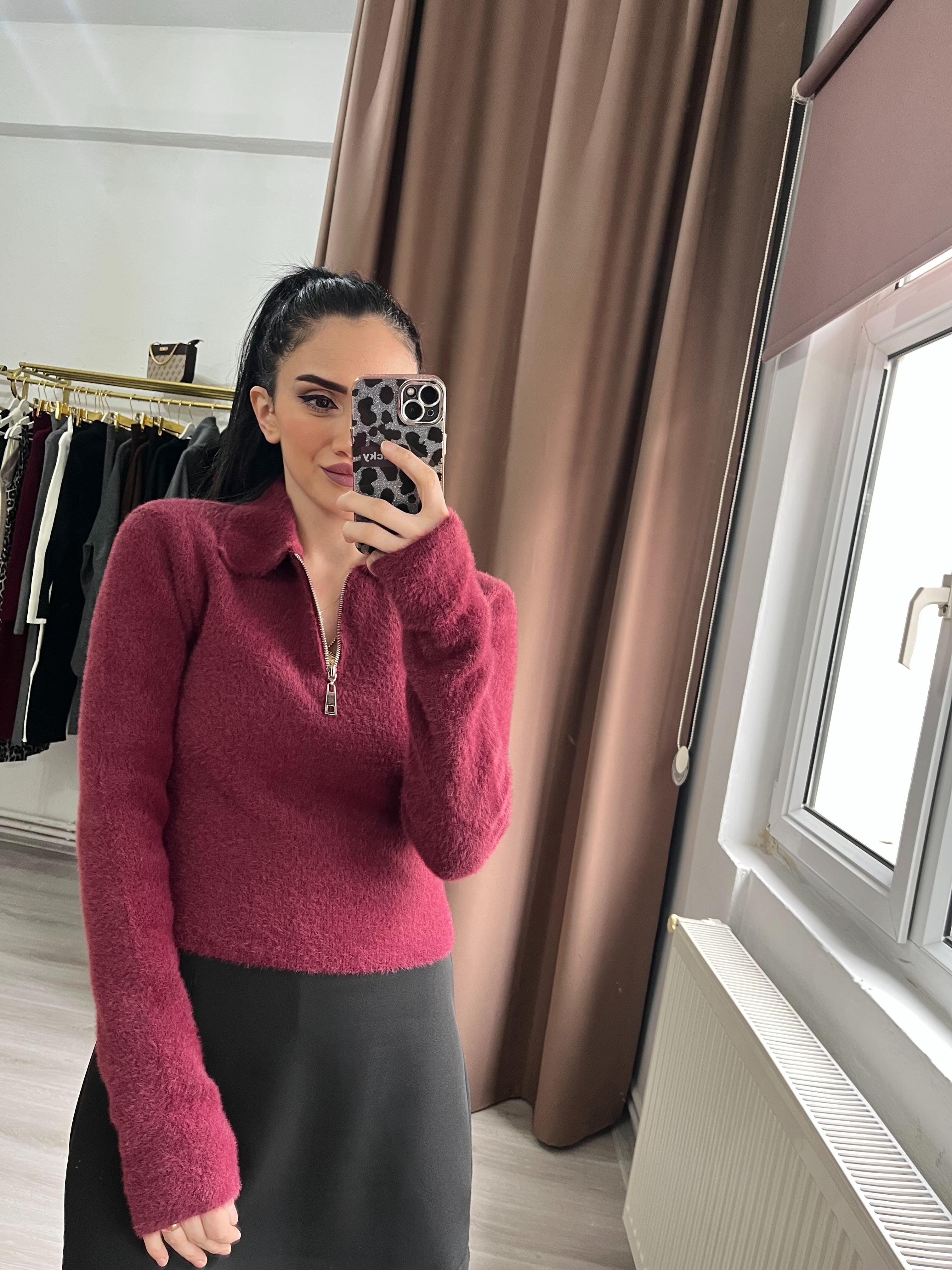 Fermuarlı Bordo Kazak