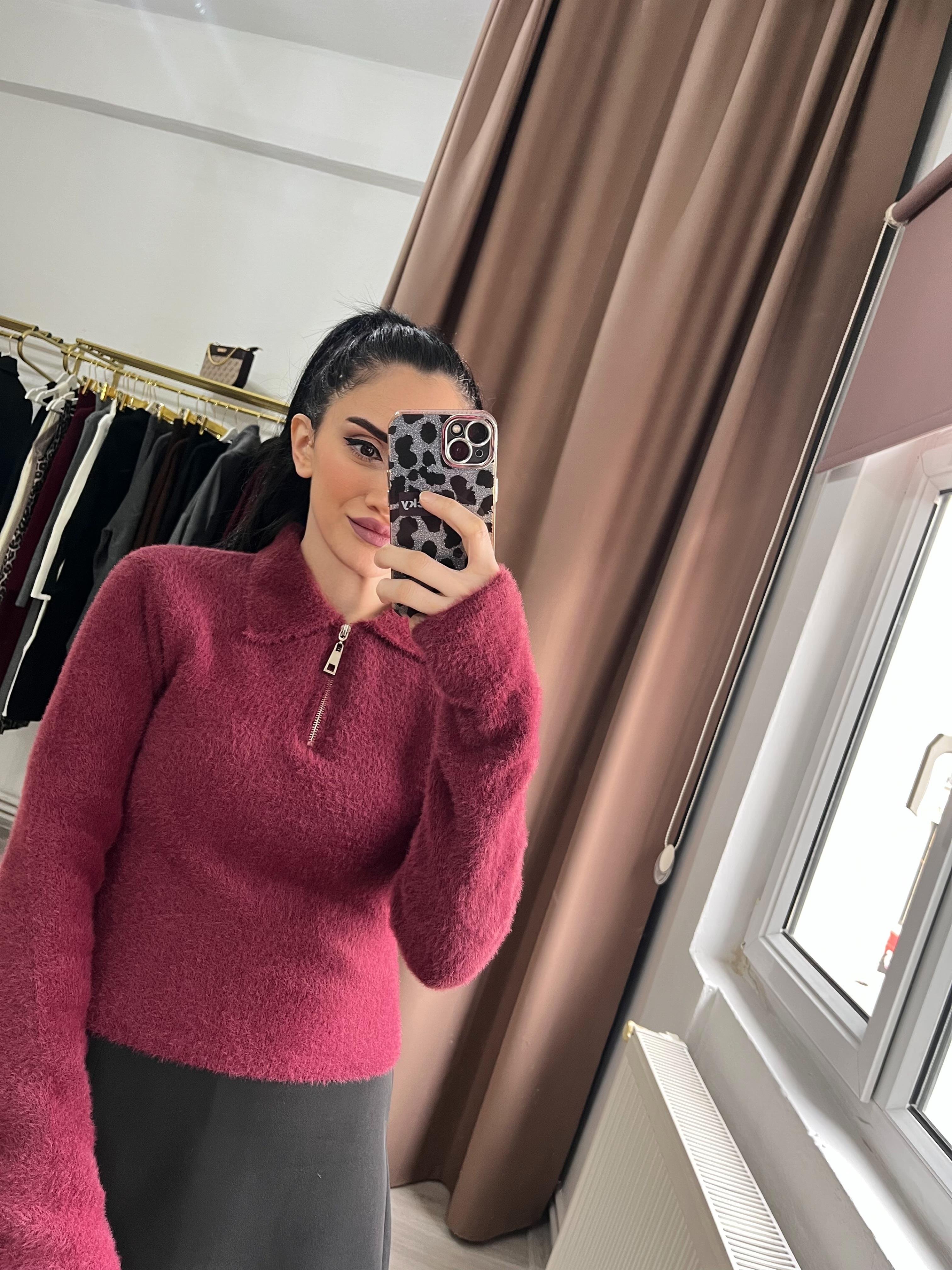 Fermuarlı Bordo Kazak