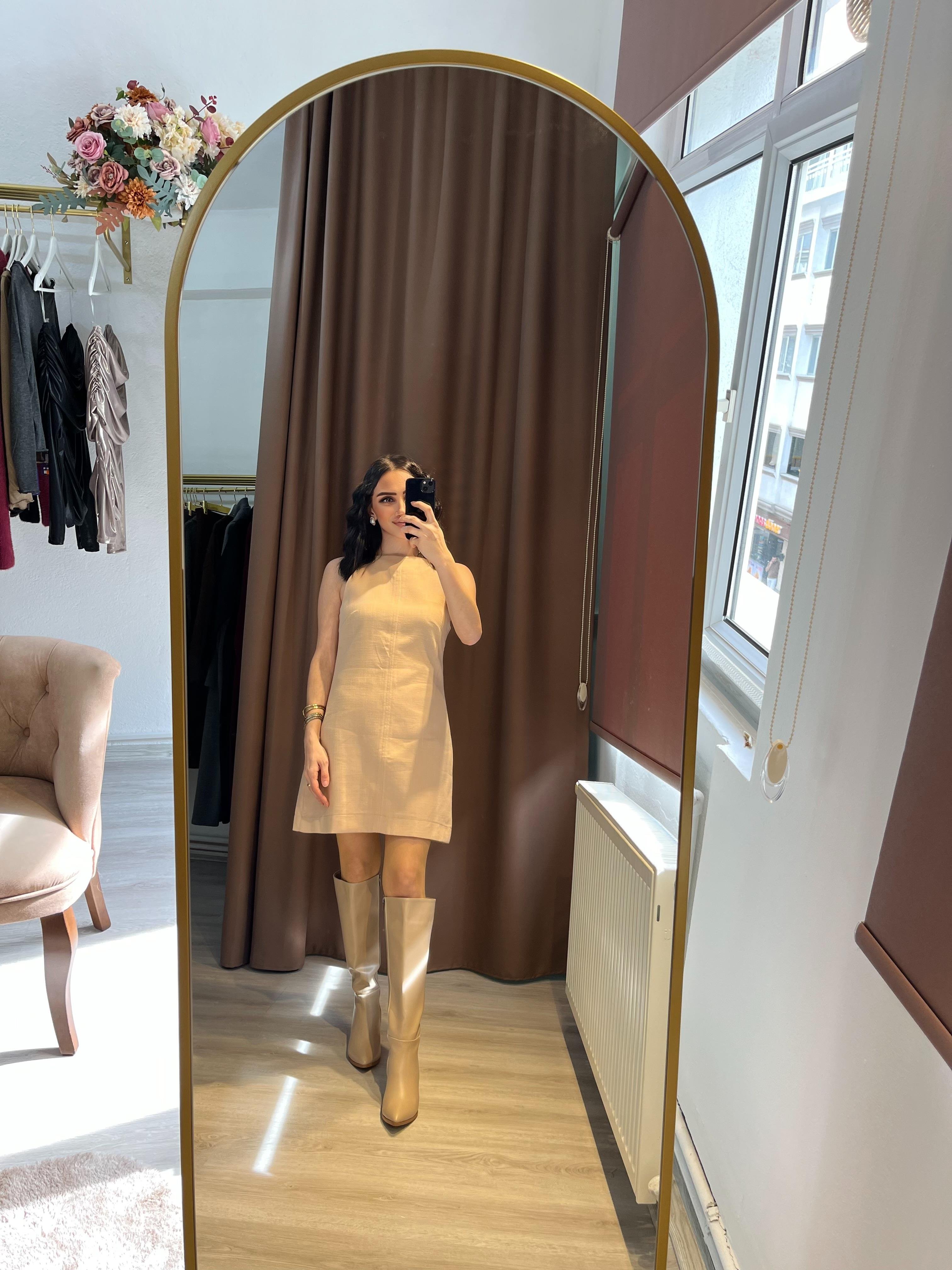 Halter Yaka Keten Camel Mini Elbise
