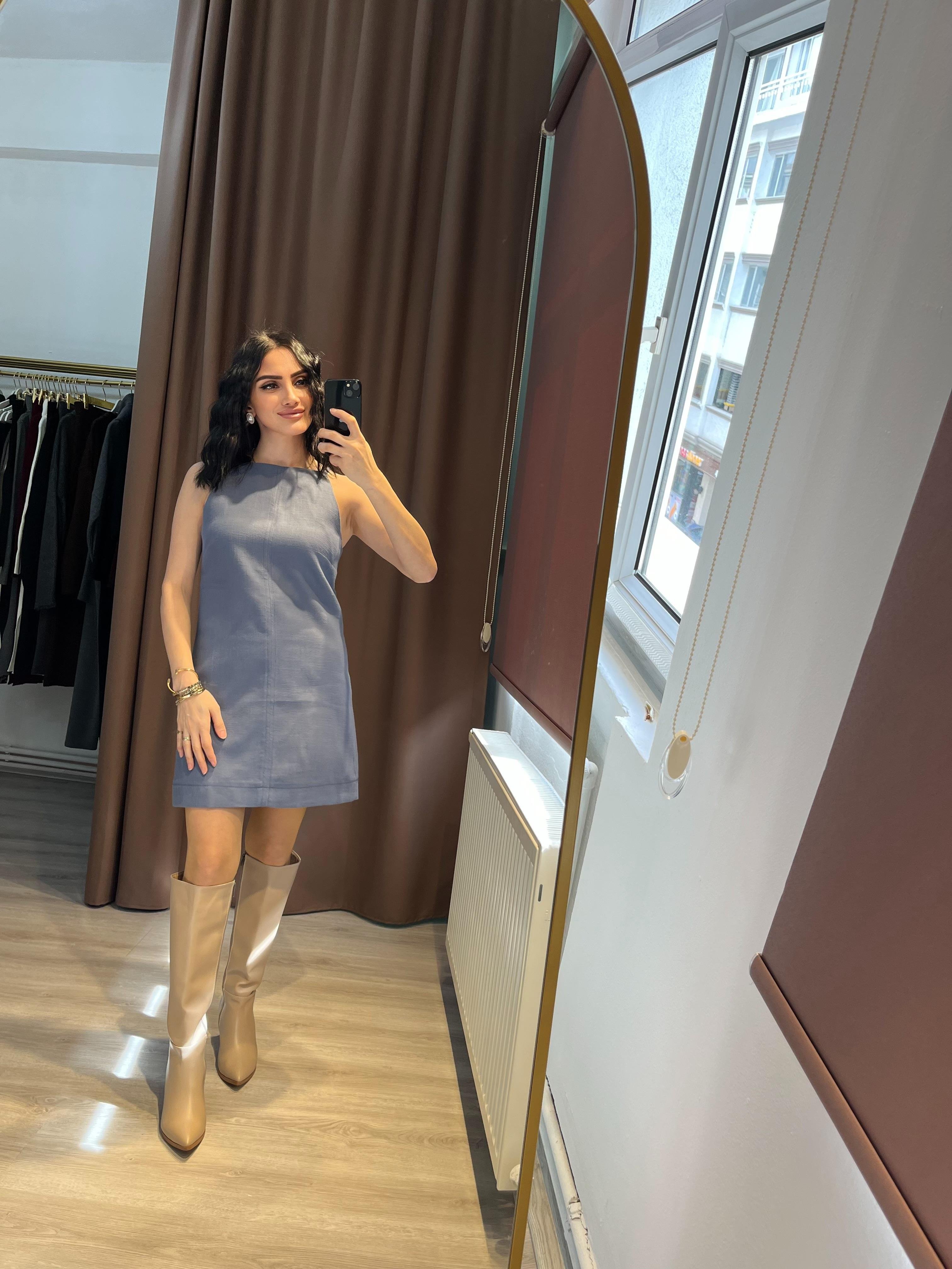 Halter Yaka Keten Mavi Mini Elbise