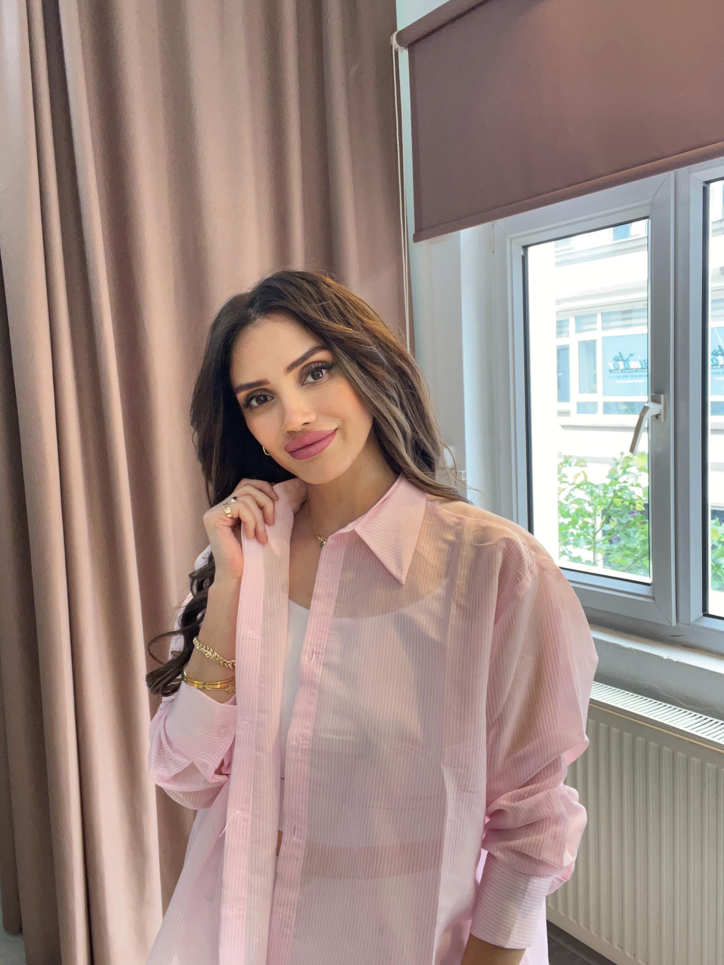 Pembe Transparan Çizgili Gömlek