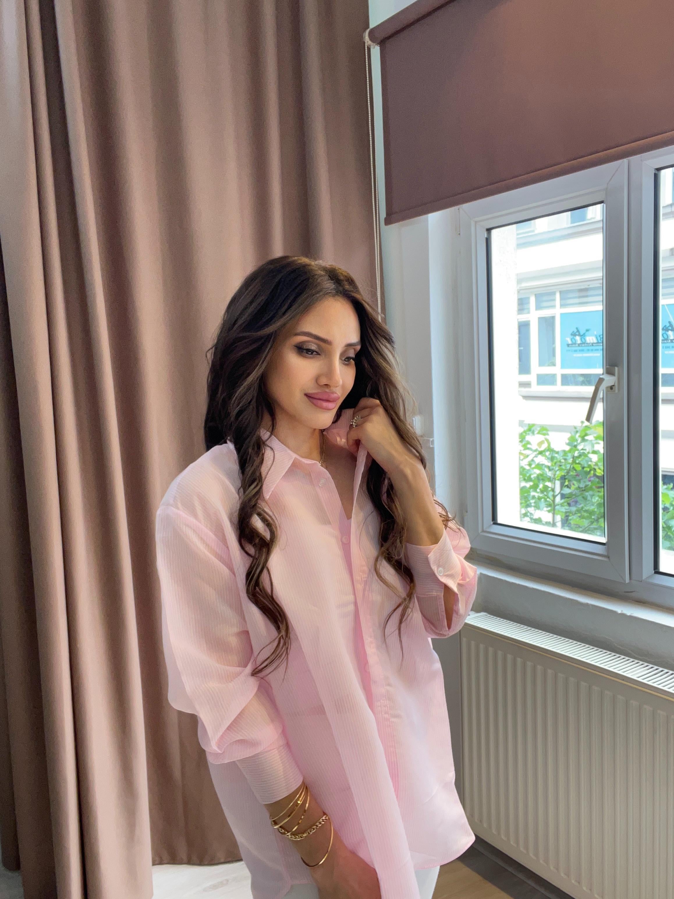 Pembe Transparan Çizgili Gömlek