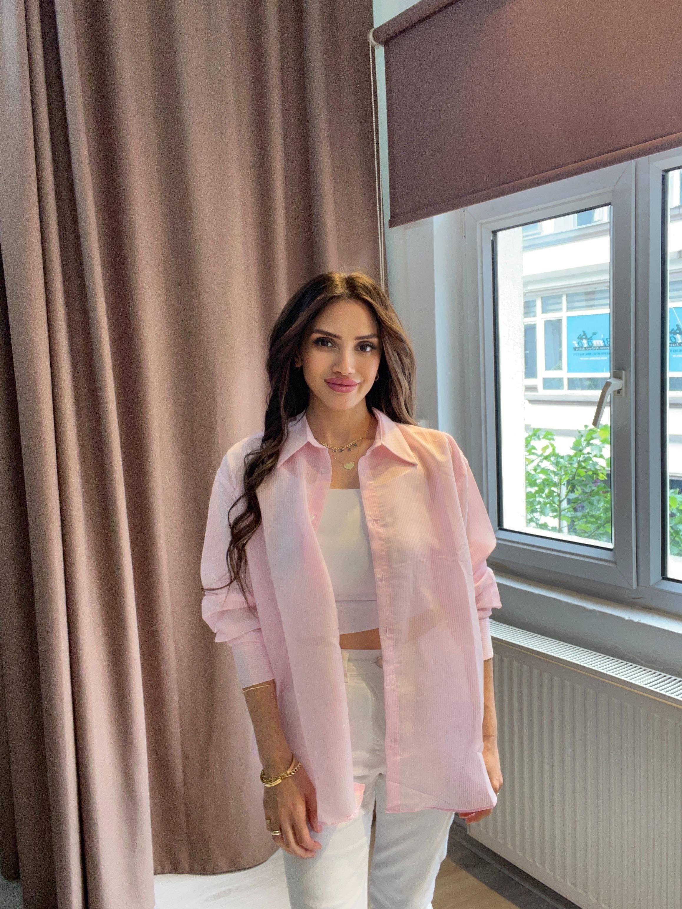 Pembe Transparan Çizgili Gömlek