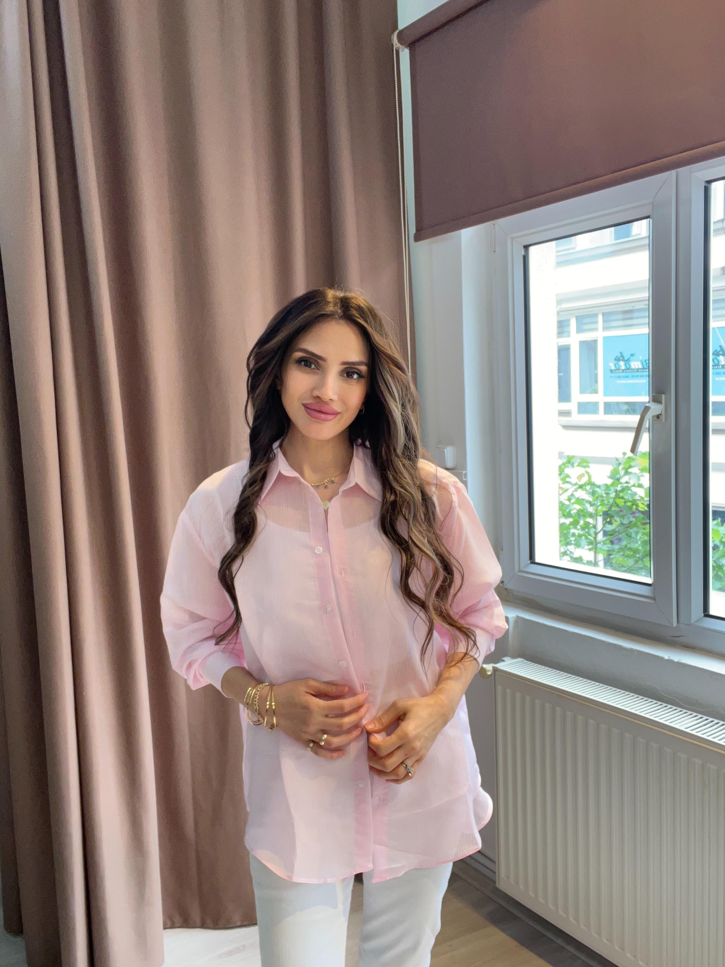 Pembe Transparan Çizgili Gömlek