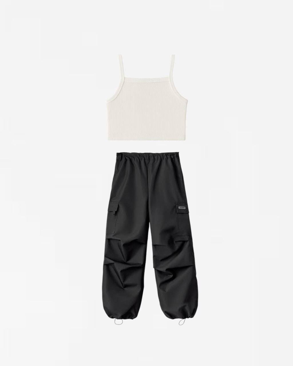 Askılı Crop Paraşüt Pantolon Alt-Üst Takım