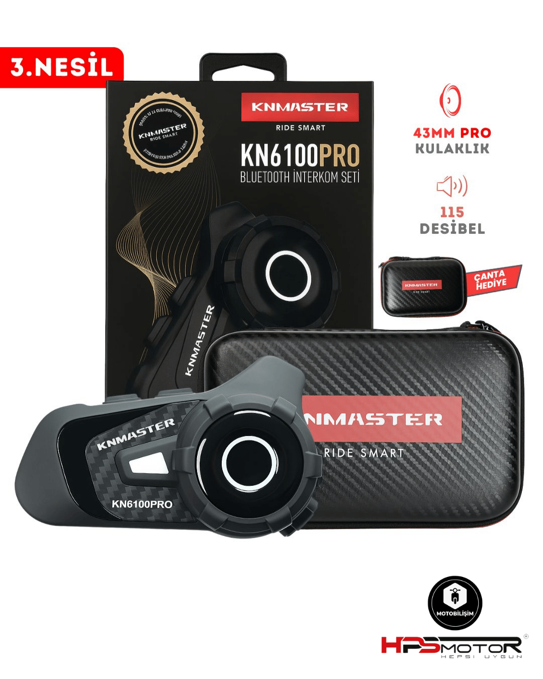 Knmaster KN6100 Pro Motosiklet Kask İnterkom Bluetooth Intercom Kulaklık Seti Siyah