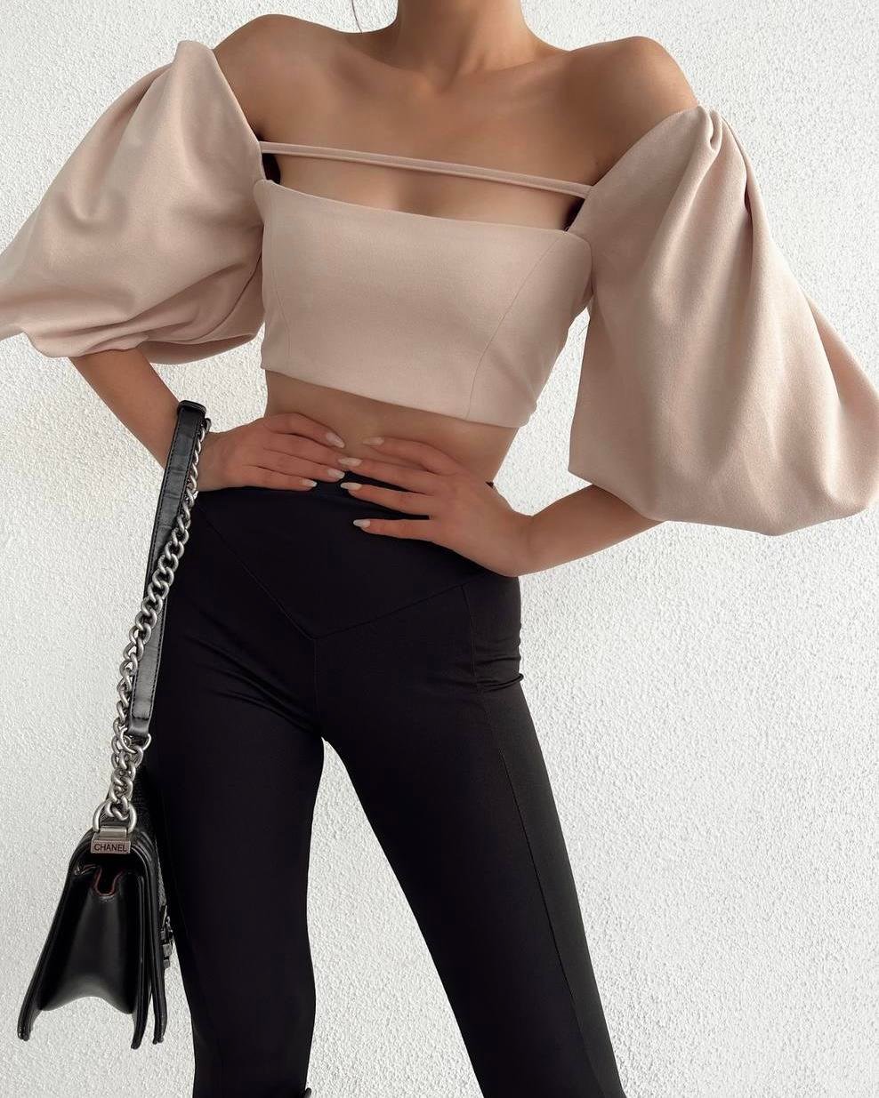 BALON KOL KREM İP DETAY Q CROP