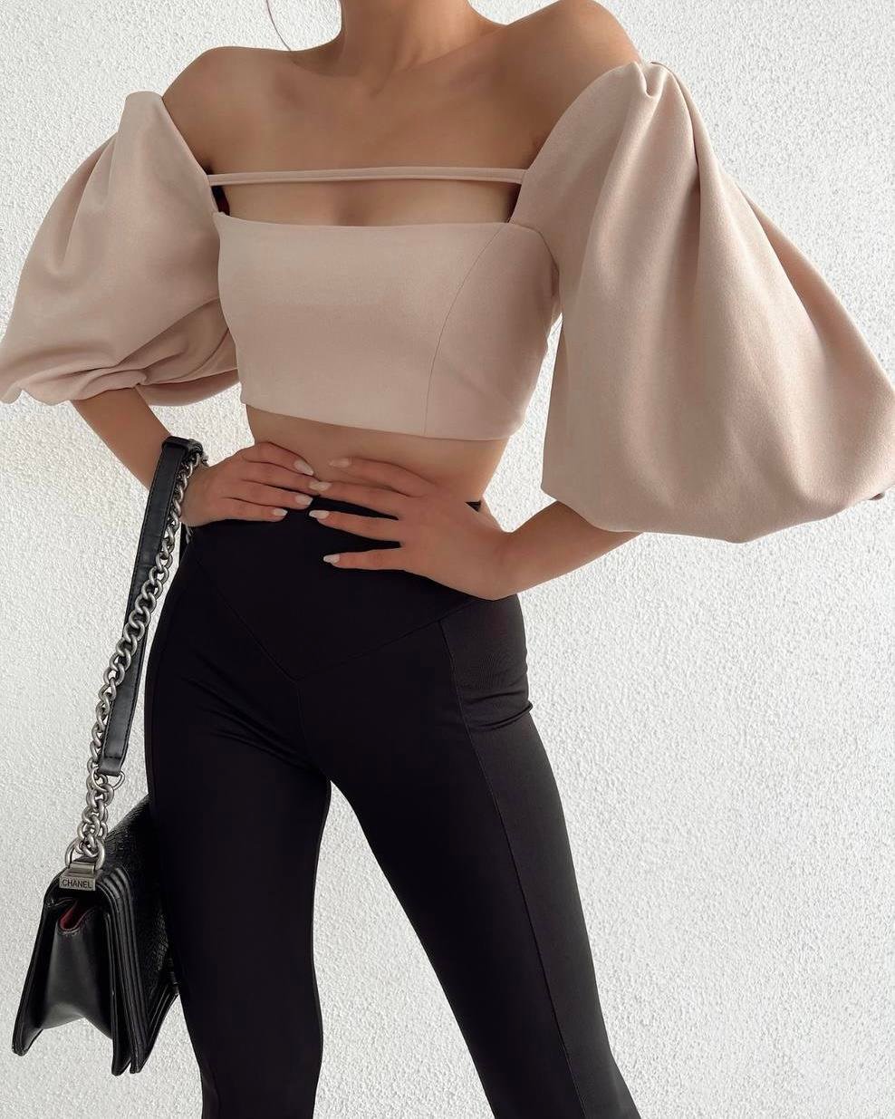 BALON KOL KREM İP DETAY Q CROP