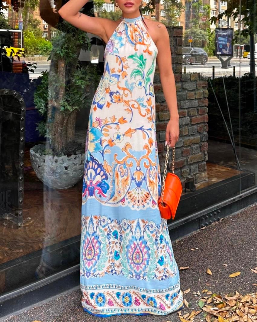 HALTER YAKA DESENLİ VİSKON MAXI ELBİSE
