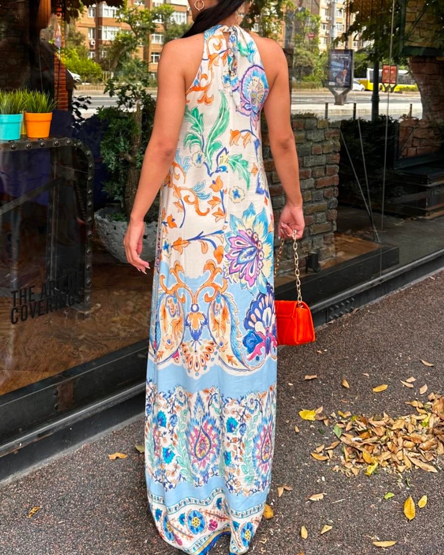 HALTER YAKA DESENLİ VİSKON MAXI ELBİSE