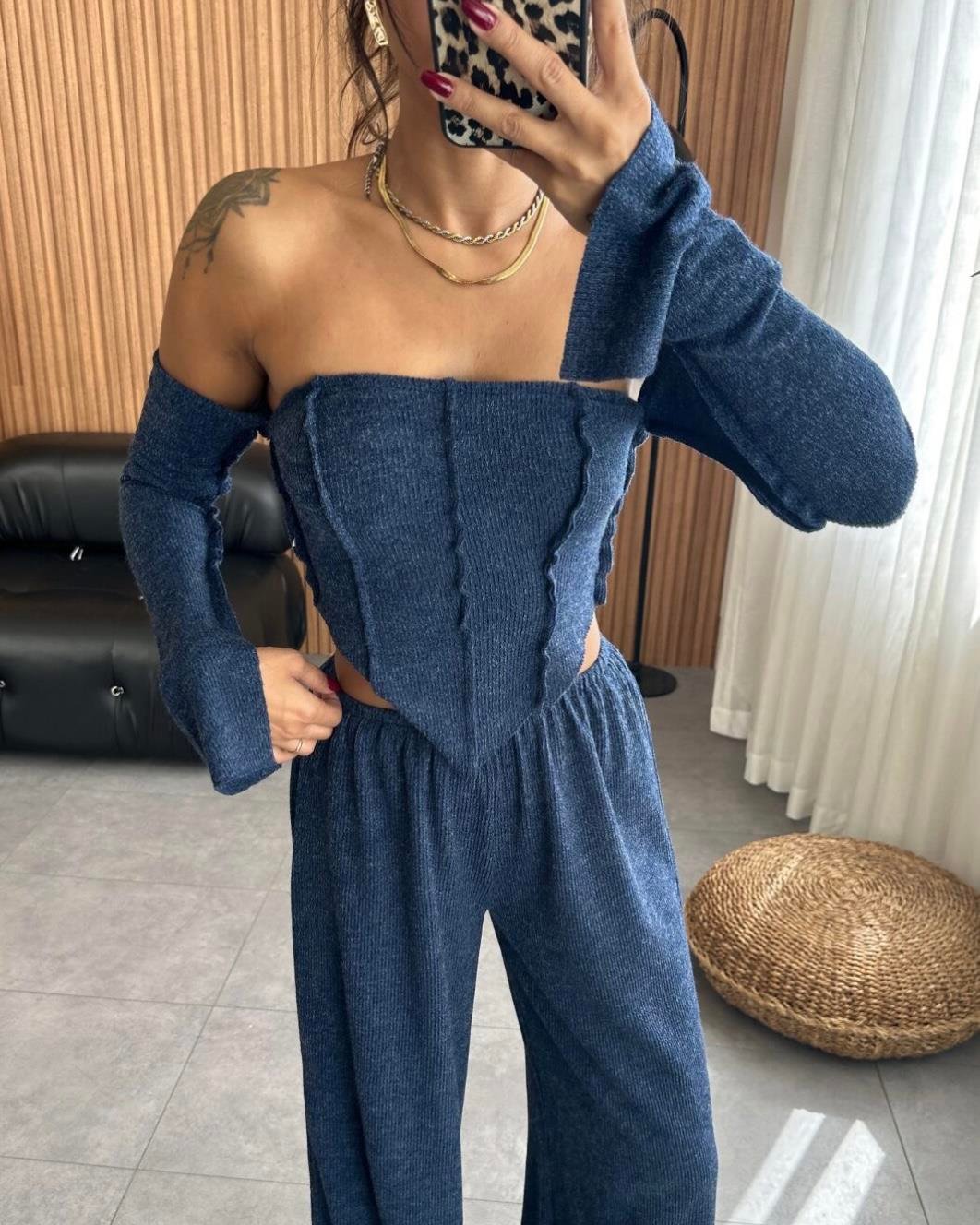 KOL GEÇİRME STRAPLEZ MAVİ CROP