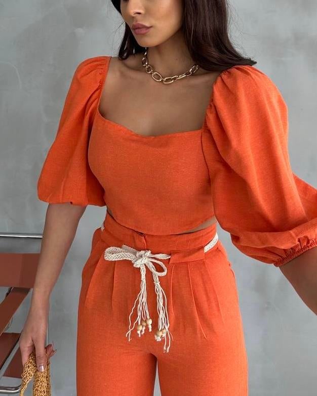 YÜKSEL BEL KETEN TURUNCU PANTOLON -CROP TAKIM