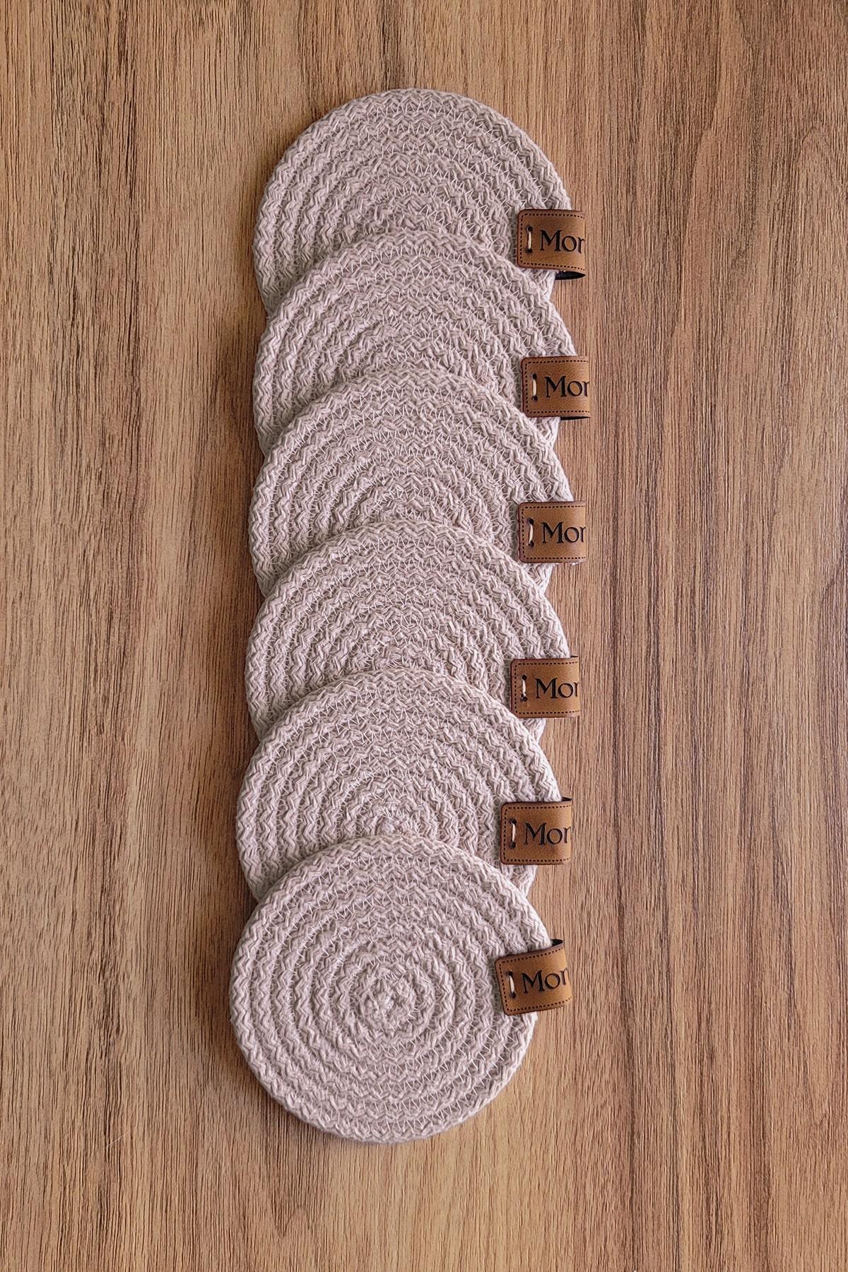Monovia 6'lı Jüt Renkli 10 cm Pamuk Kordon Yuvarlak Bardak Altlığı 