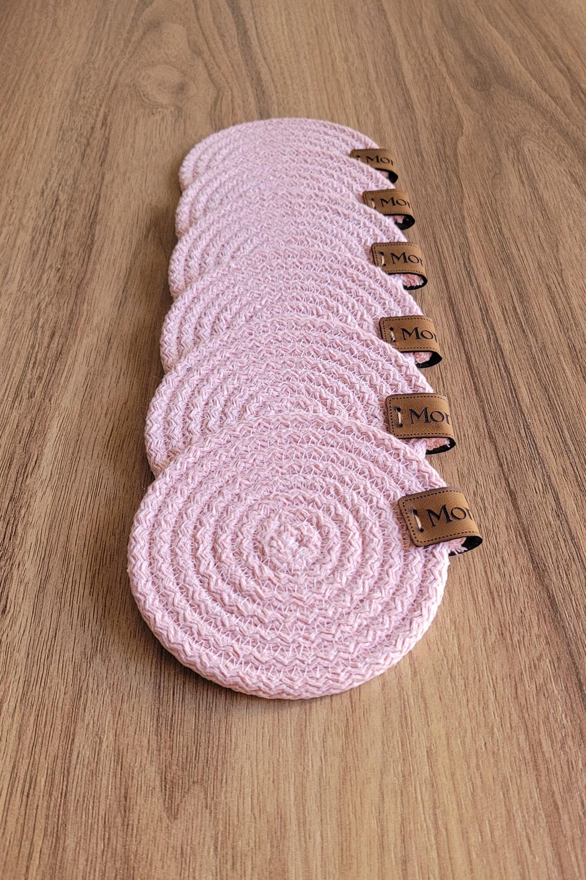Monovia 6'lı Pembe Rengi 10 cm Pamuk Kordon Yuvarlak Bardak Altlığı 