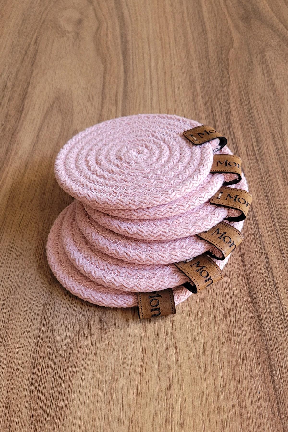 Monovia 6'lı Pembe Rengi 10 cm Pamuk Kordon Yuvarlak Bardak Altlığı 