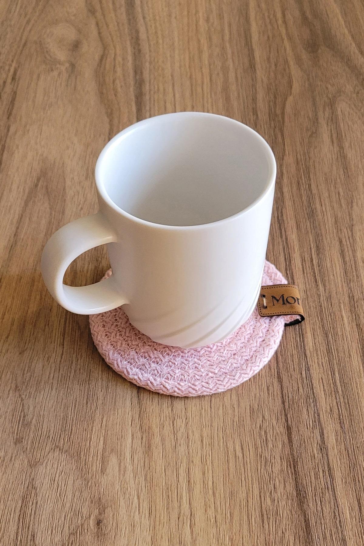 Monovia 6'lı Pembe Rengi 10 cm Pamuk Kordon Yuvarlak Bardak Altlığı 