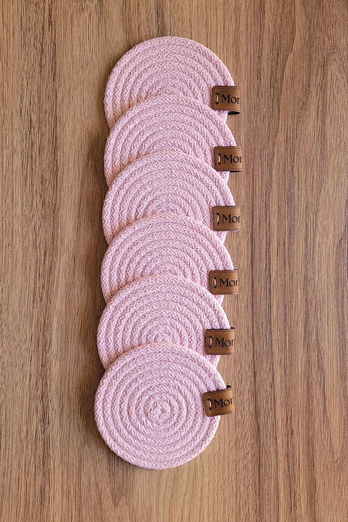 Monovia 6'lı Pembe Rengi 10 cm Pamuk Kordon Yuvarlak Bardak Altlığı 