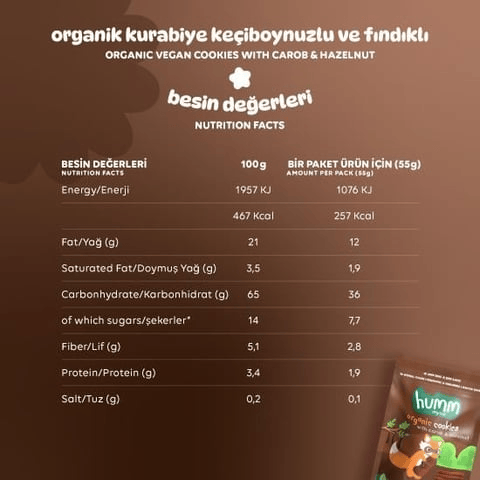 Humm Organik Vegan Keçiboynuzlu ve Fındıklı Kurabiye 55 gr