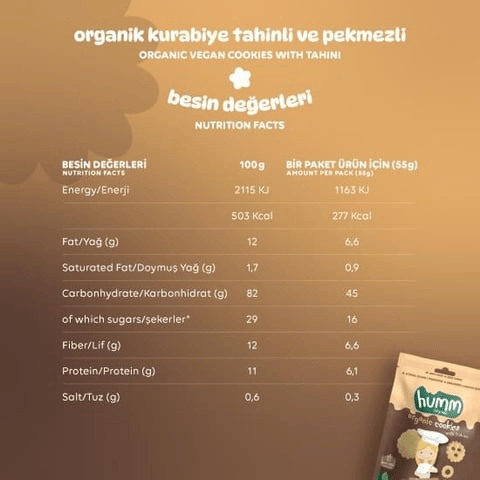 Humm Organik Vegan Tahinli ve Pekmezli Kurabiye 55 gr