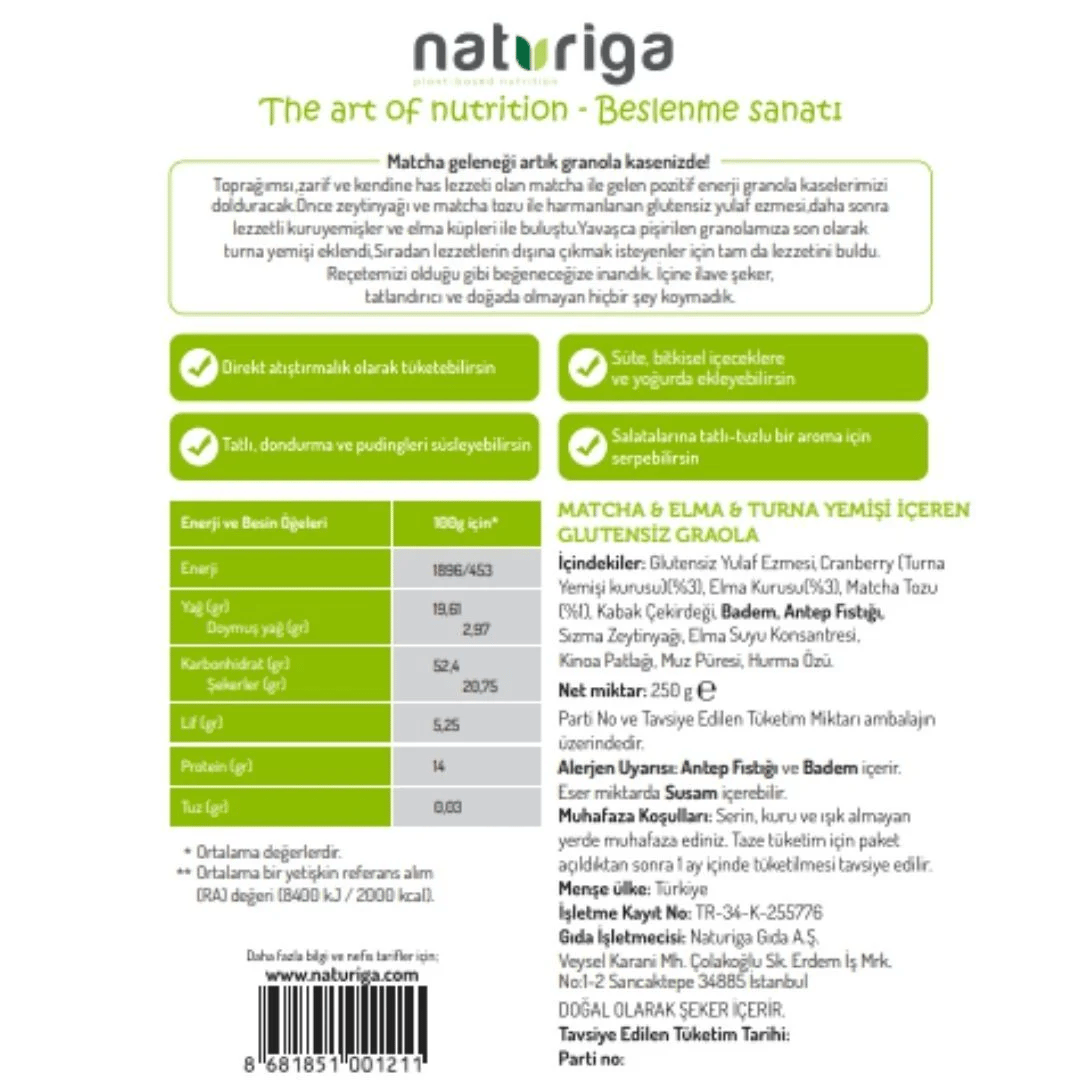 Naturiga Glutensiz Matcha & Cranberry Granola 250 gr