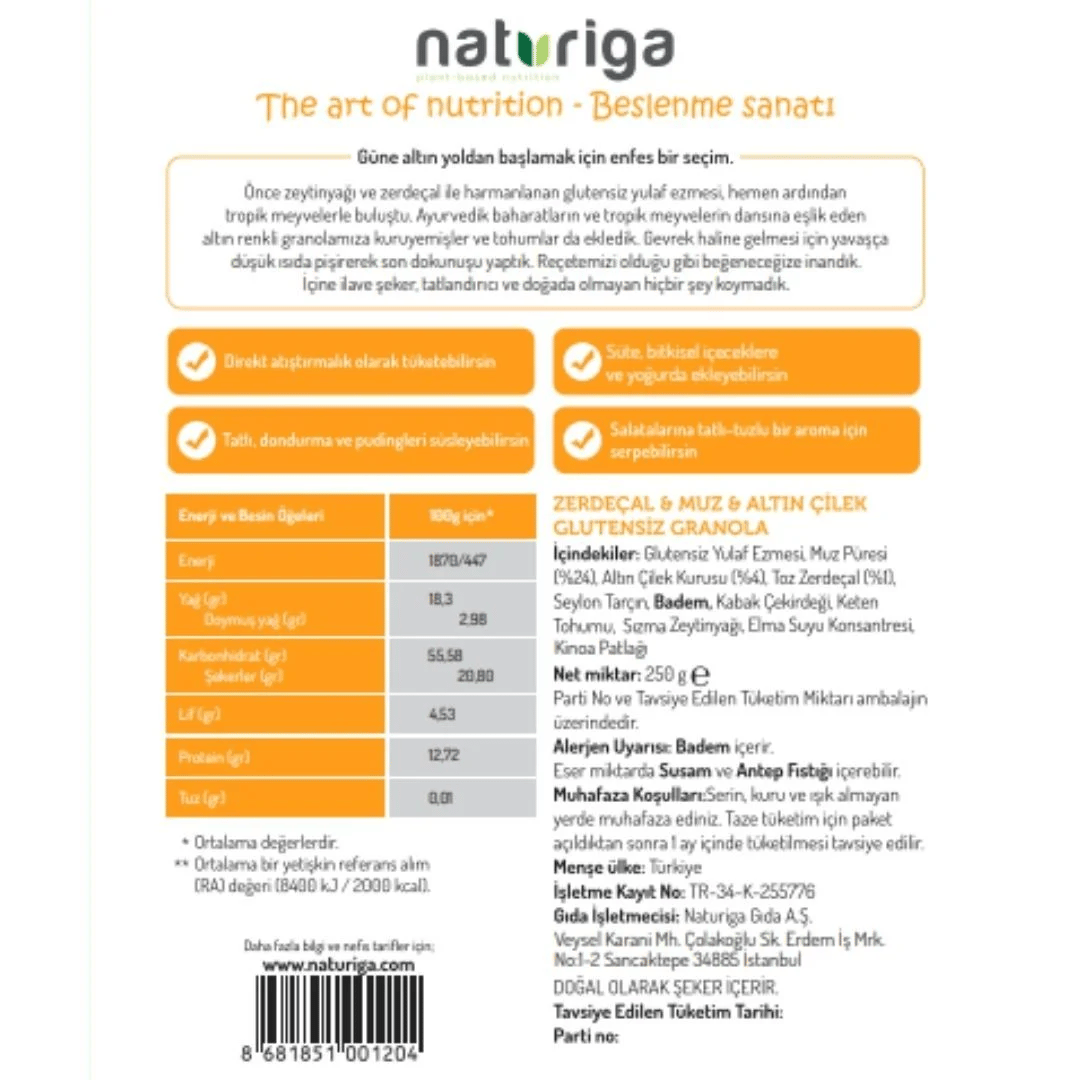 Naturiga Glutensiz Zerdeçal & Altın Çilek Granola 250 gr