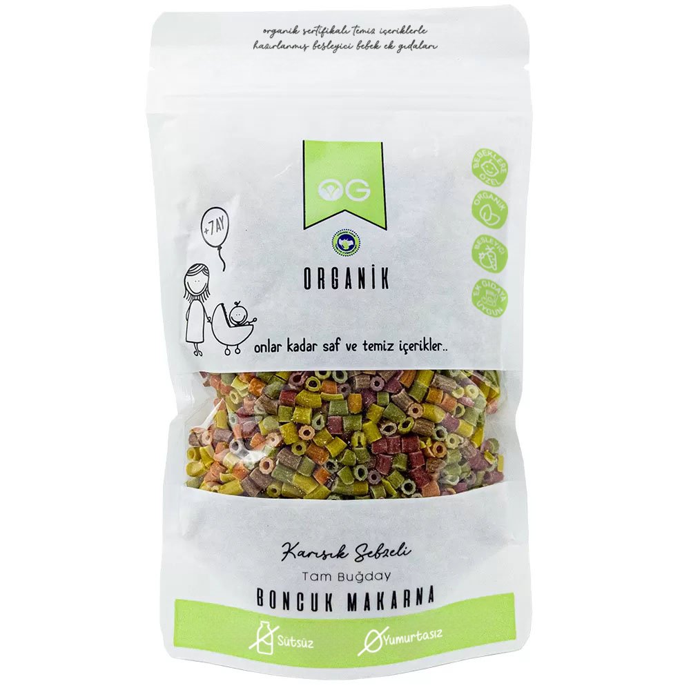 OG Natural Organik Karışık Sebzeli Tam Buğday Boncuk Makarna 200 gr +7 Ay